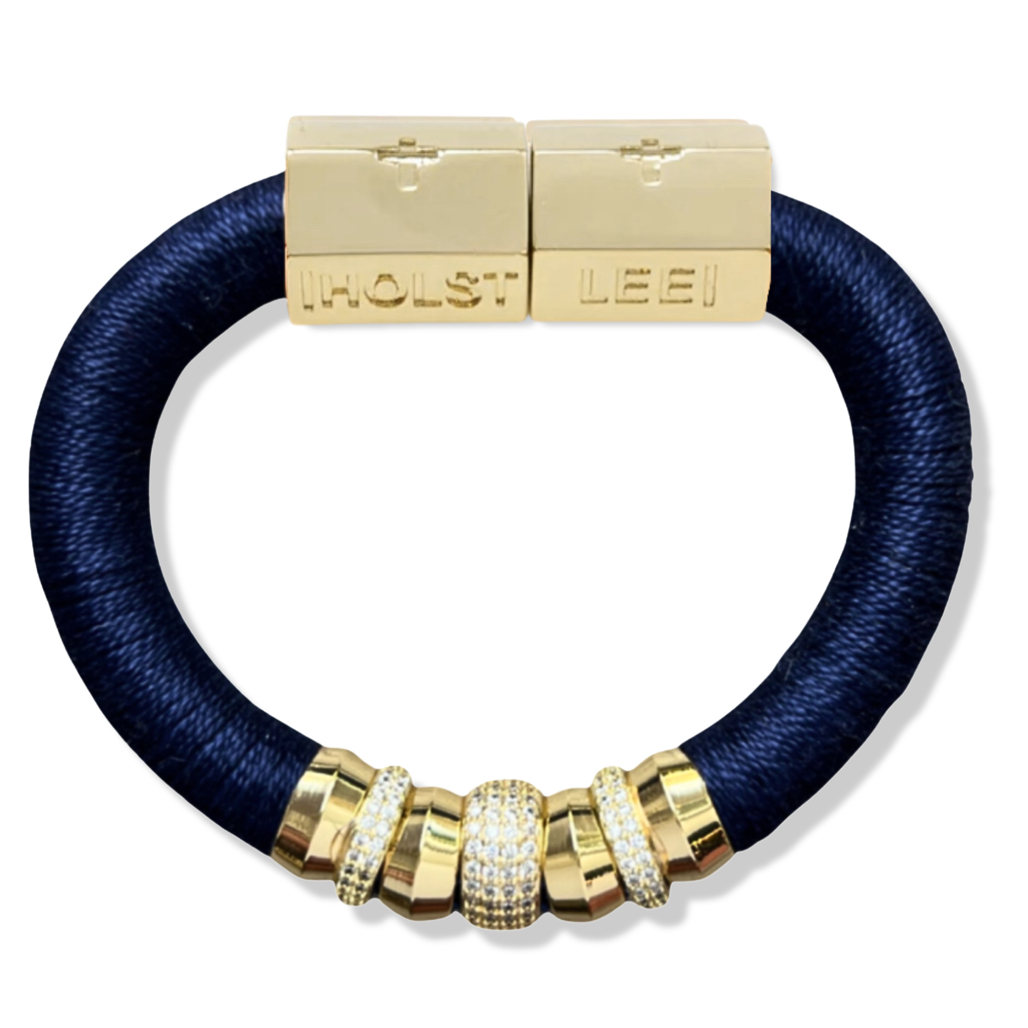 Navy blue thread wrapped bracelet with 18K gold-filled magnetic clasped bracelet and pavé crystal ferrule stack by HOLST+LEE