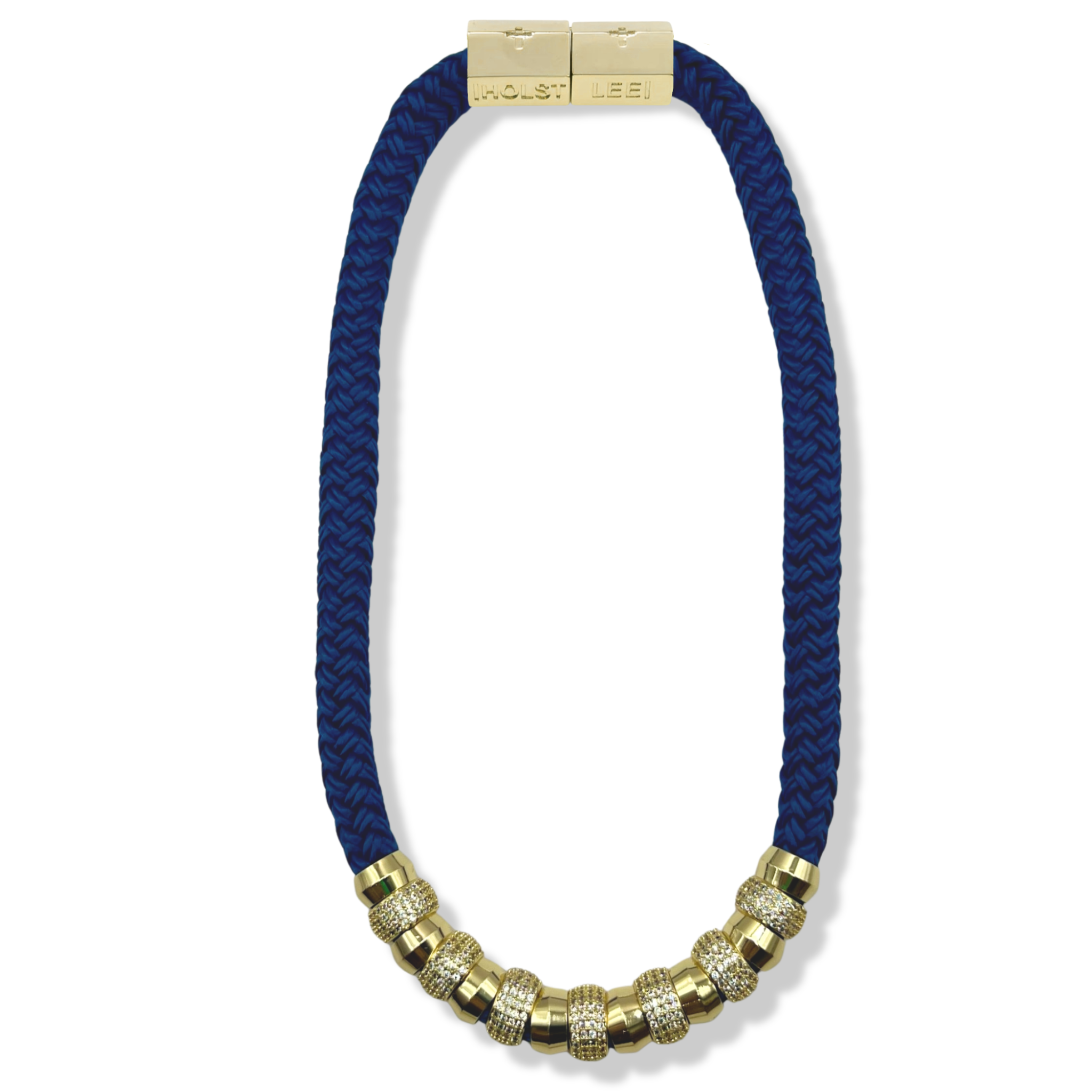 Navy braided rope necklace with pavé crystal and gold ferrule stack and gold magnetic clasp by HOLST+LEE
