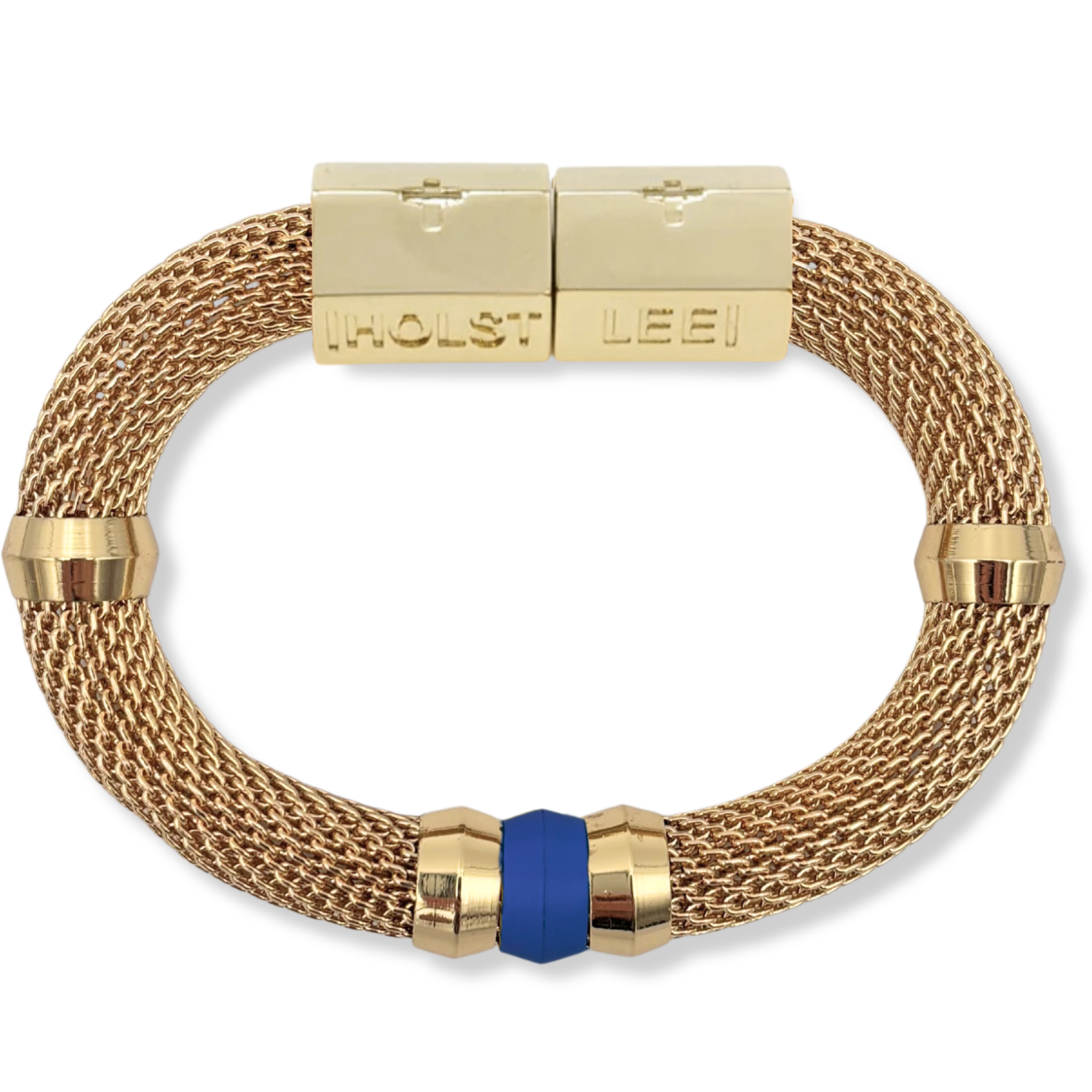 Gold woven mesh bracelet with navy ferrule accent and 18K gold-filled magnetic clasped bracelet by HOLST+LEE