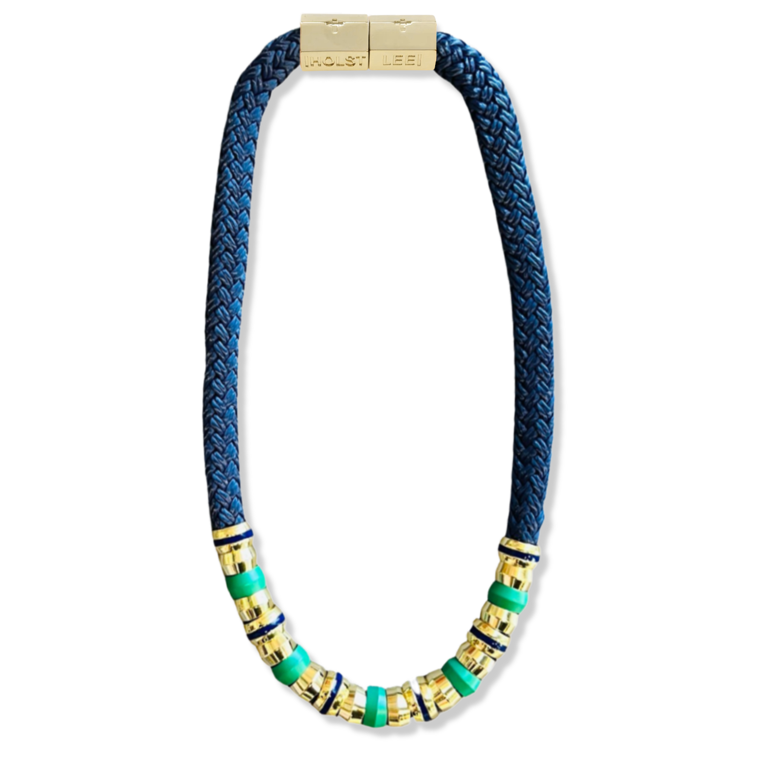 Navy braided rope necklace with blue, green, and gold ferrule stack and gold magnetic clasped necklace by HOLST+LEE