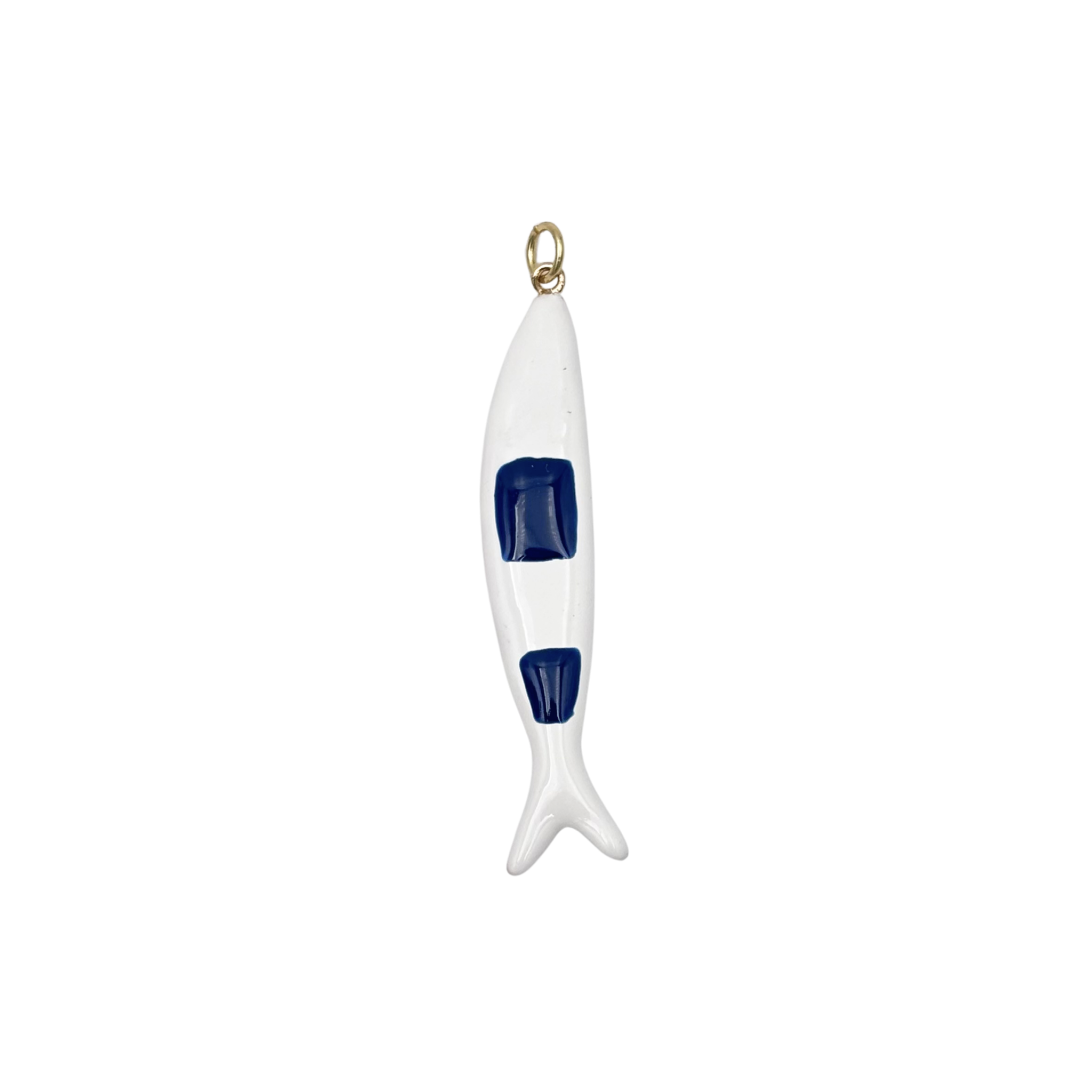 Slim white enamel fish pendant with navy  body stripe by HOLST+LEE