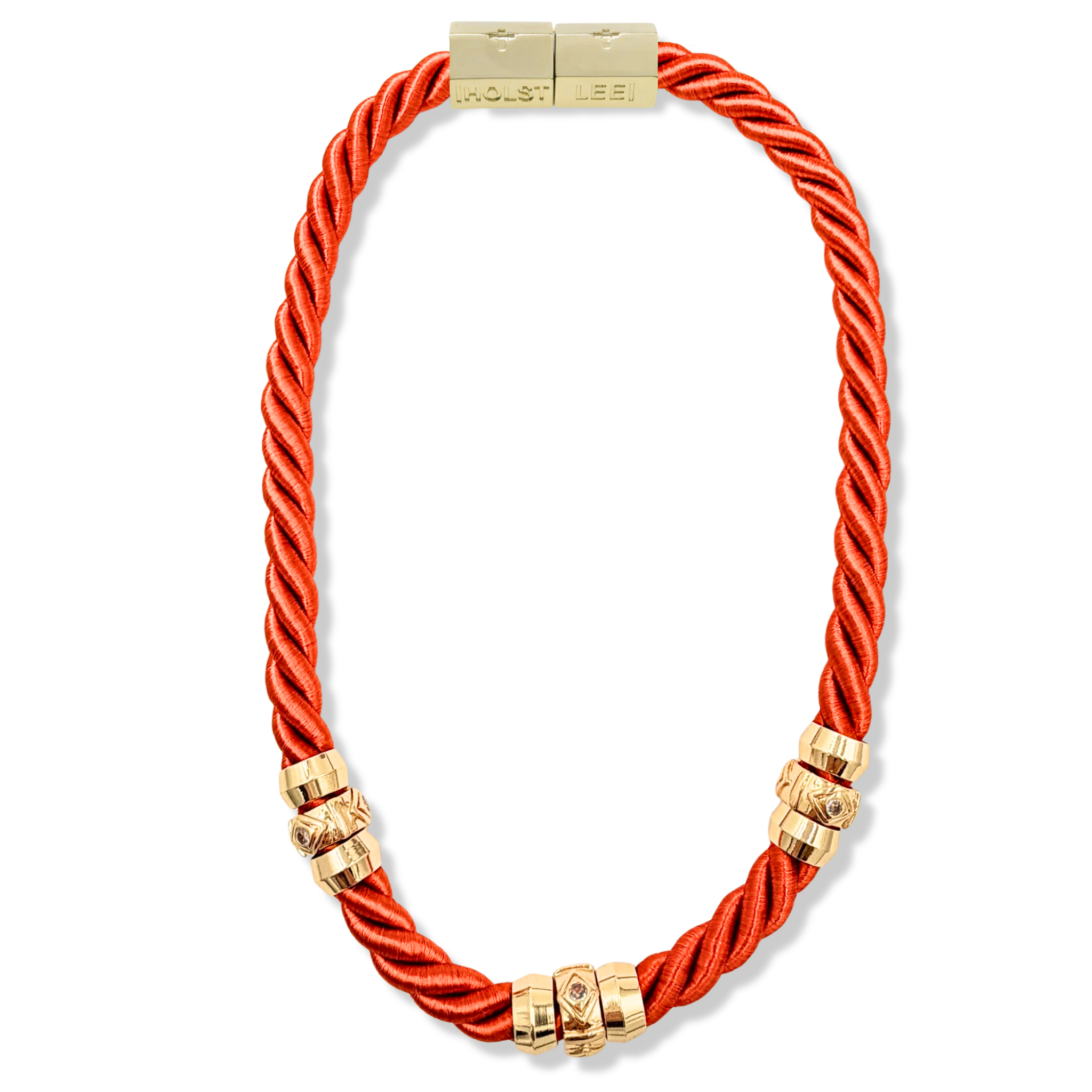 Orange twisted rope necklace with 18K gold-filled magnetic clasped necklace and pavé crystal ferrules by HOLST+LEE