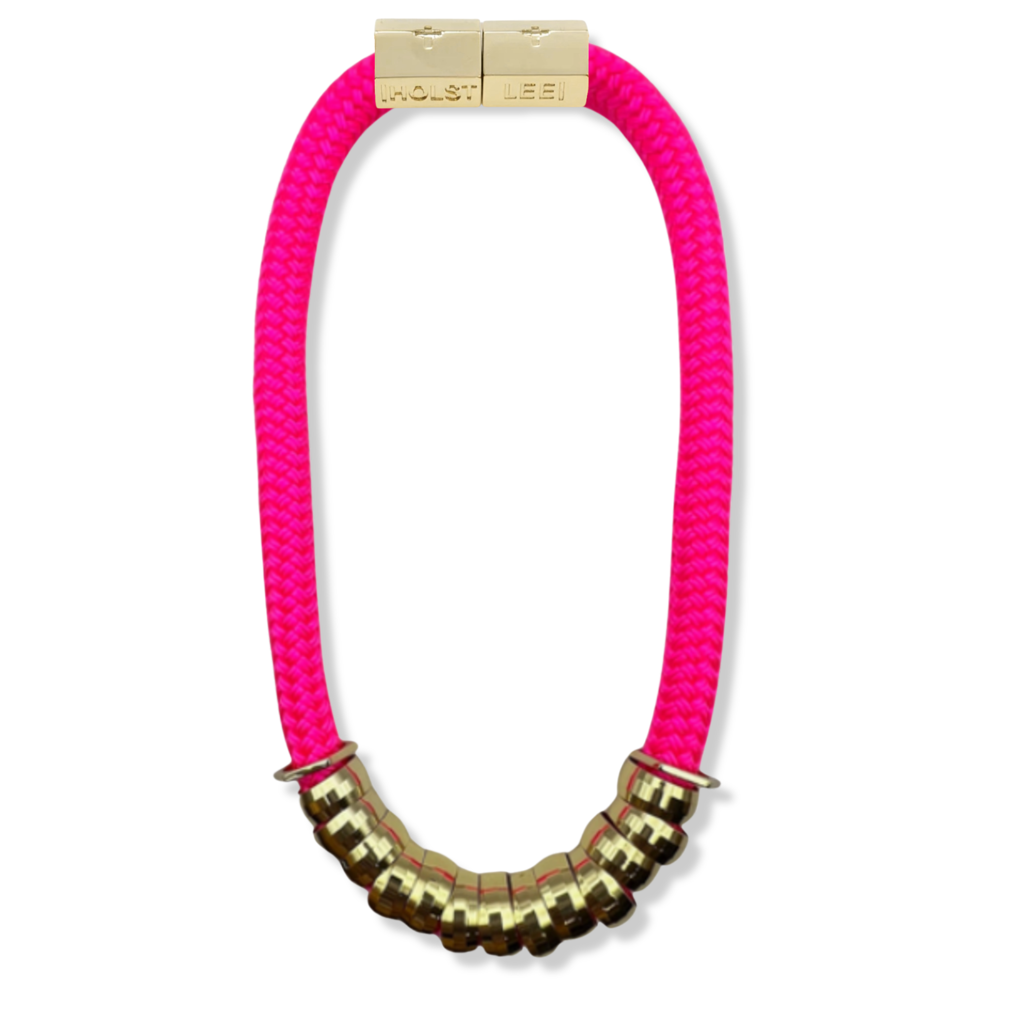 Neon pink braided rope necklace with multicolor enamel and gold ferrule stack and gold magnetic clasped necklace by HOLST+LEE