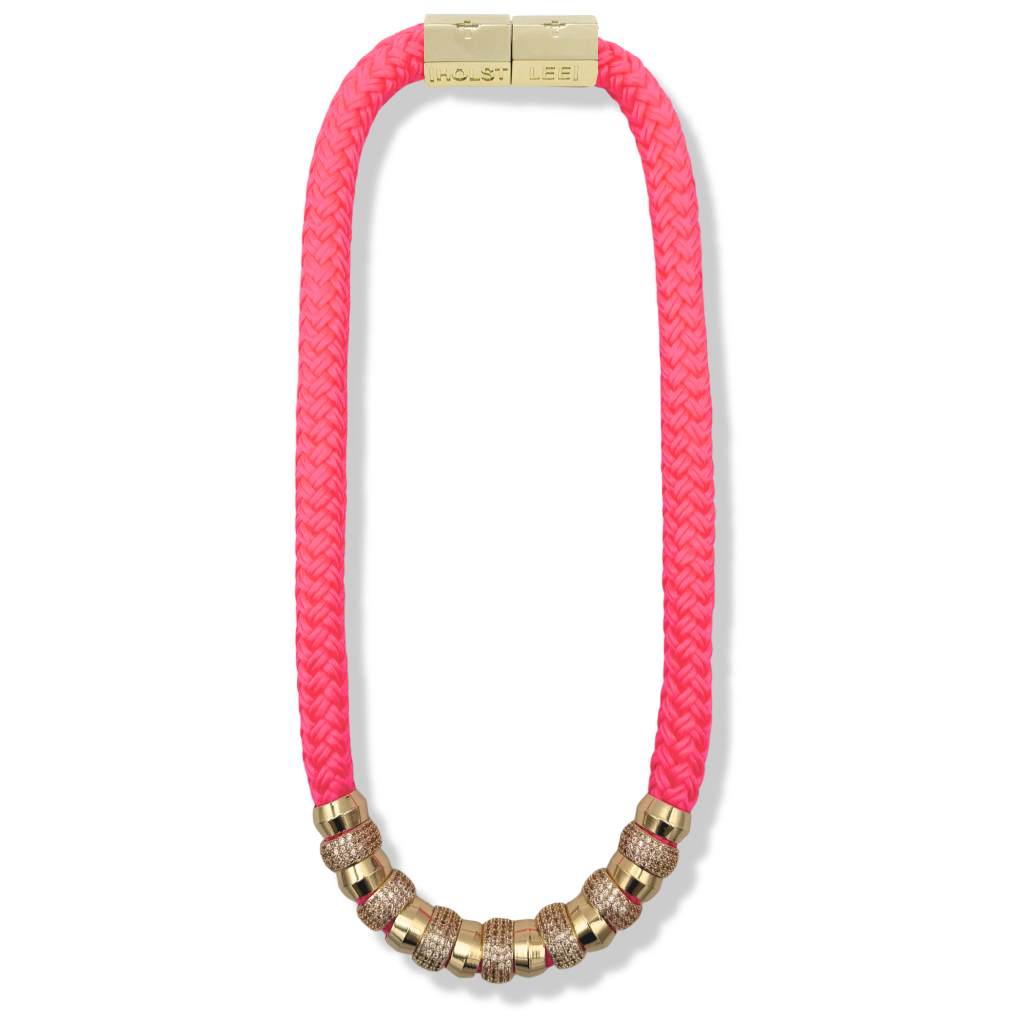 Neon pink braided rope necklace with pavé crystal and gold ferrule stack and gold magnetic clasp by HOLST+LEE