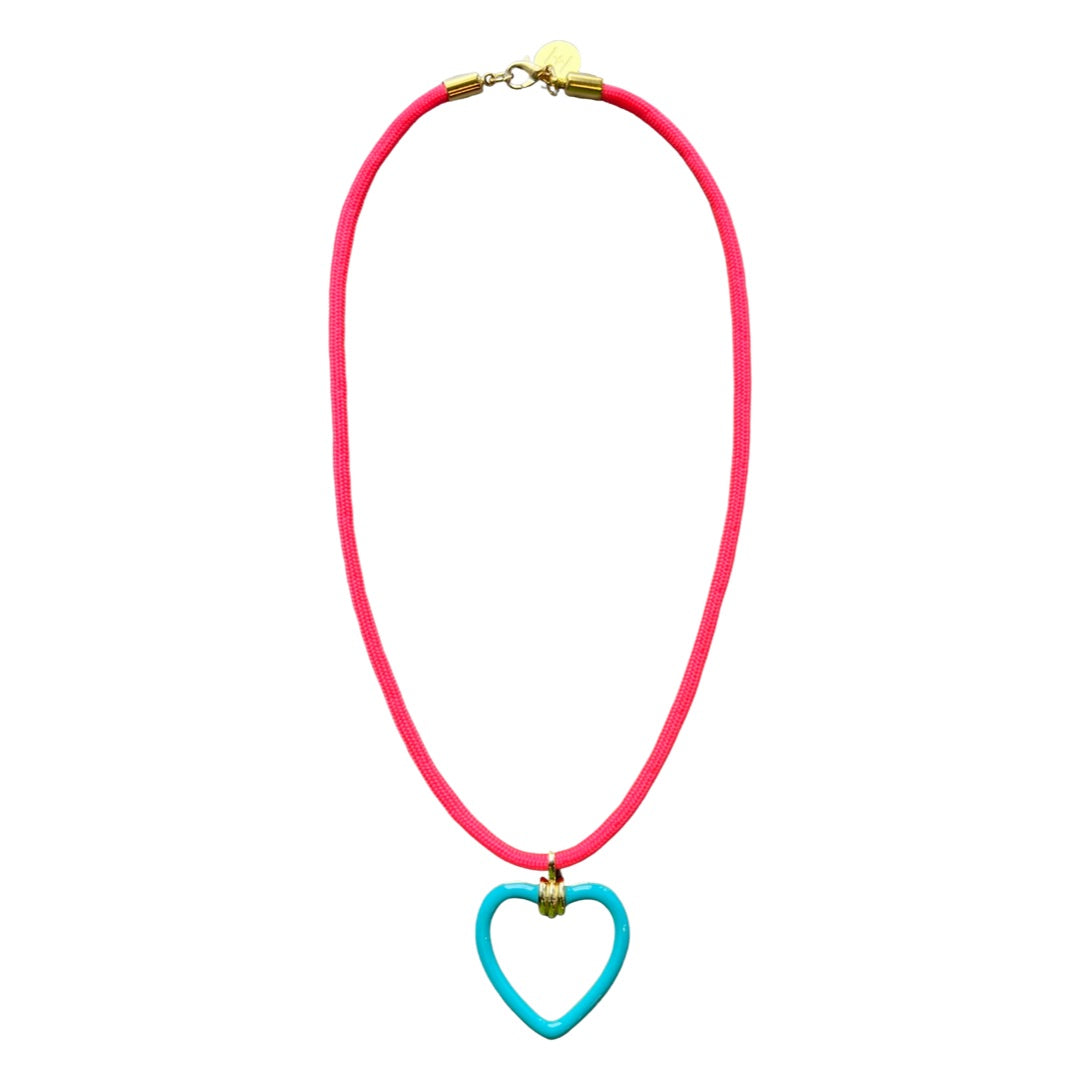 Neon Pink colored paracord necklace with  gold-filled and turquoise enamel heart-shaped charm by HOLST+LEE
