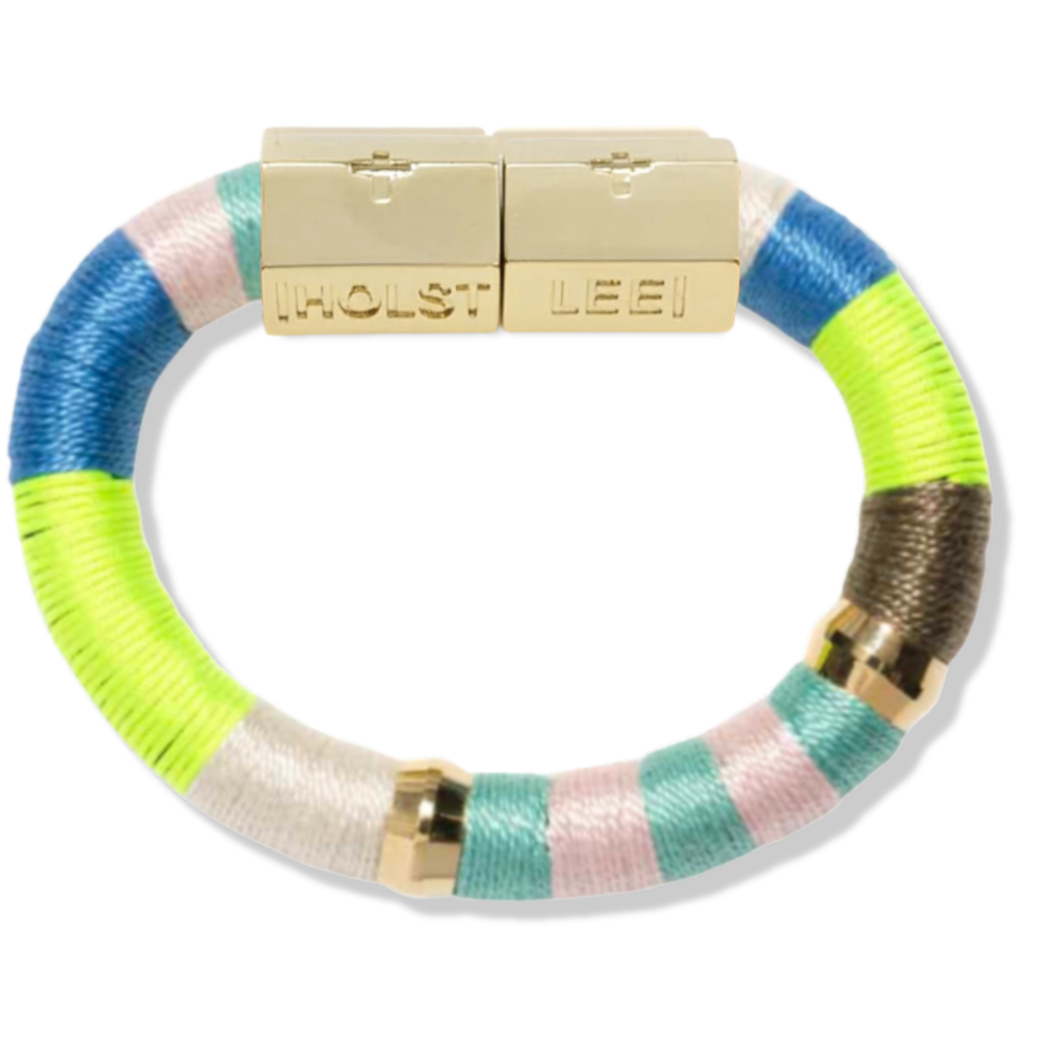 Blue, yellow neon, light pink and cream thread wrapped bracelet with gold magnetic clasped bracelet and gold ferrule accents by HOLST+LEE 
