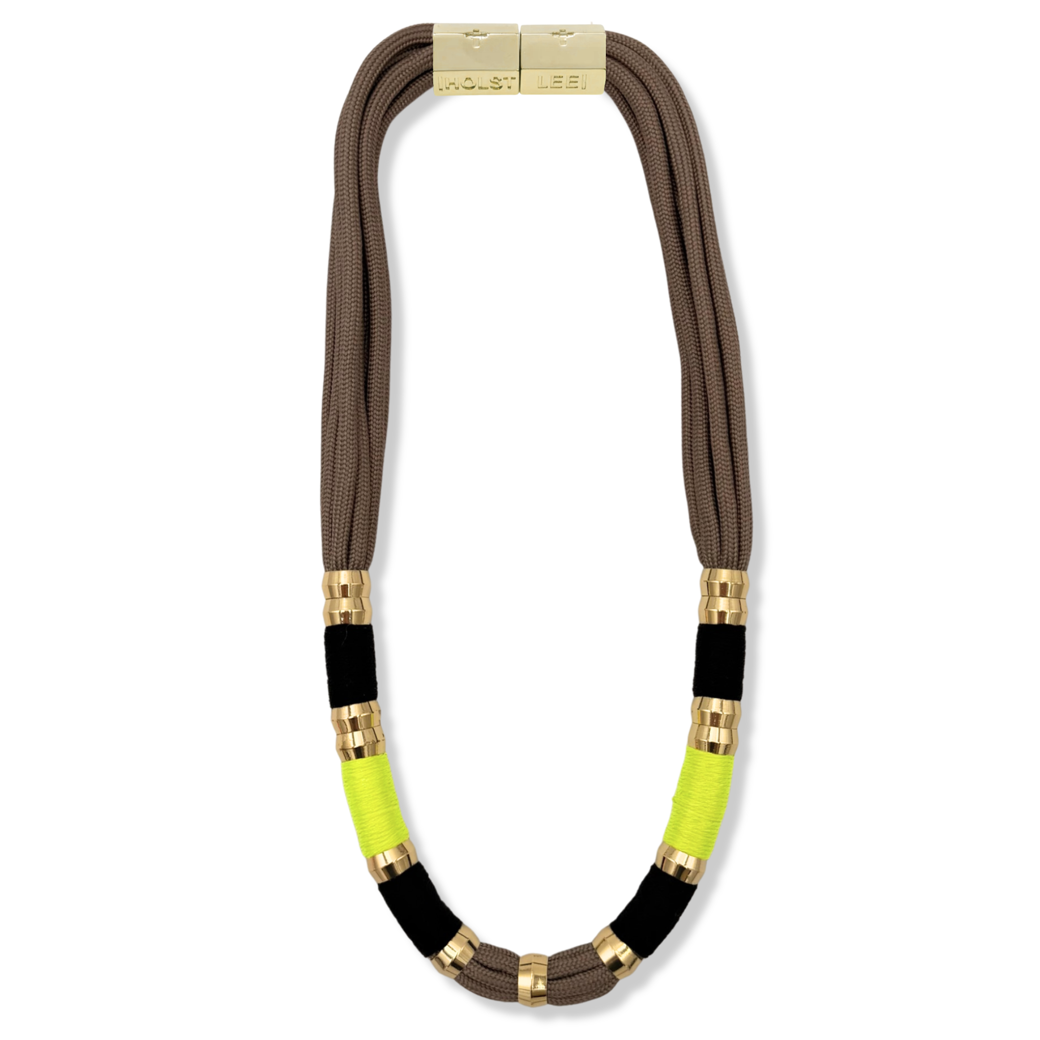 Grey braided rope necklace with black and neon yellow thread wrapped sections and gold ferrule accents by HOLST+LEE