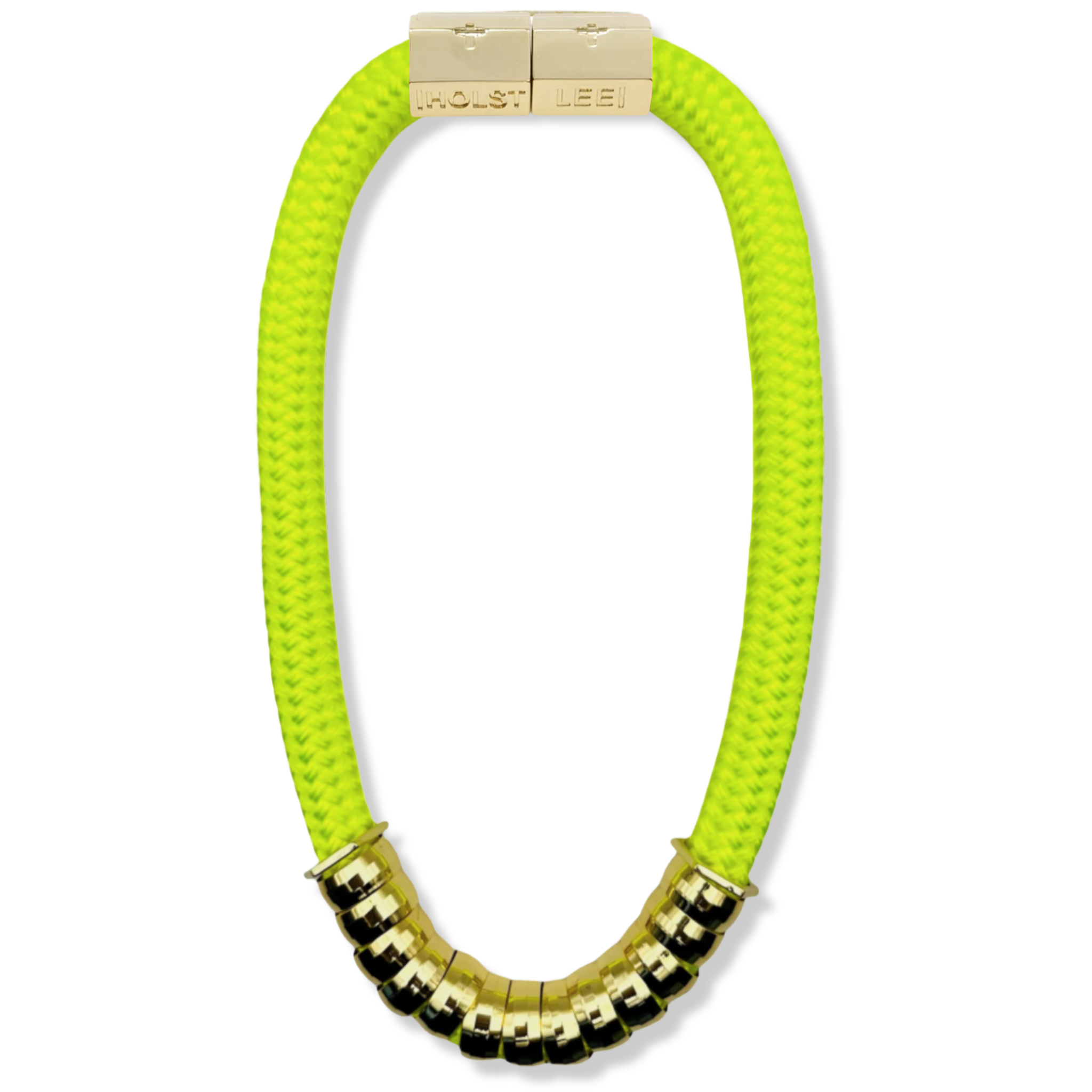 Neon Yellow braided rope necklace with multicolor enamel and gold ferrule stack and gold magnetic clasped necklace by HOLST+LEE