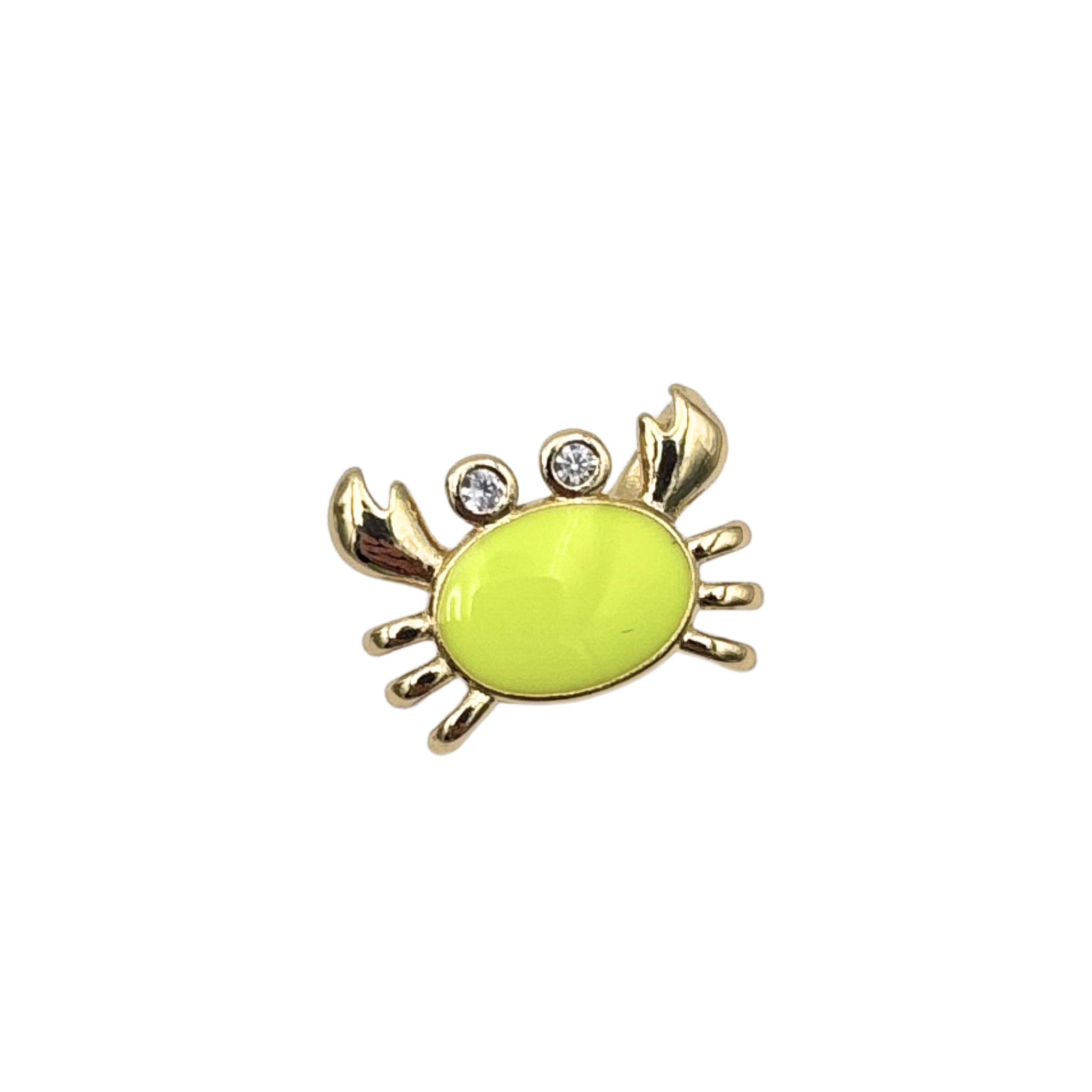 Gold crab charm pendant with neon yellow enamel and rhinestone eyes by HOLST+LEE