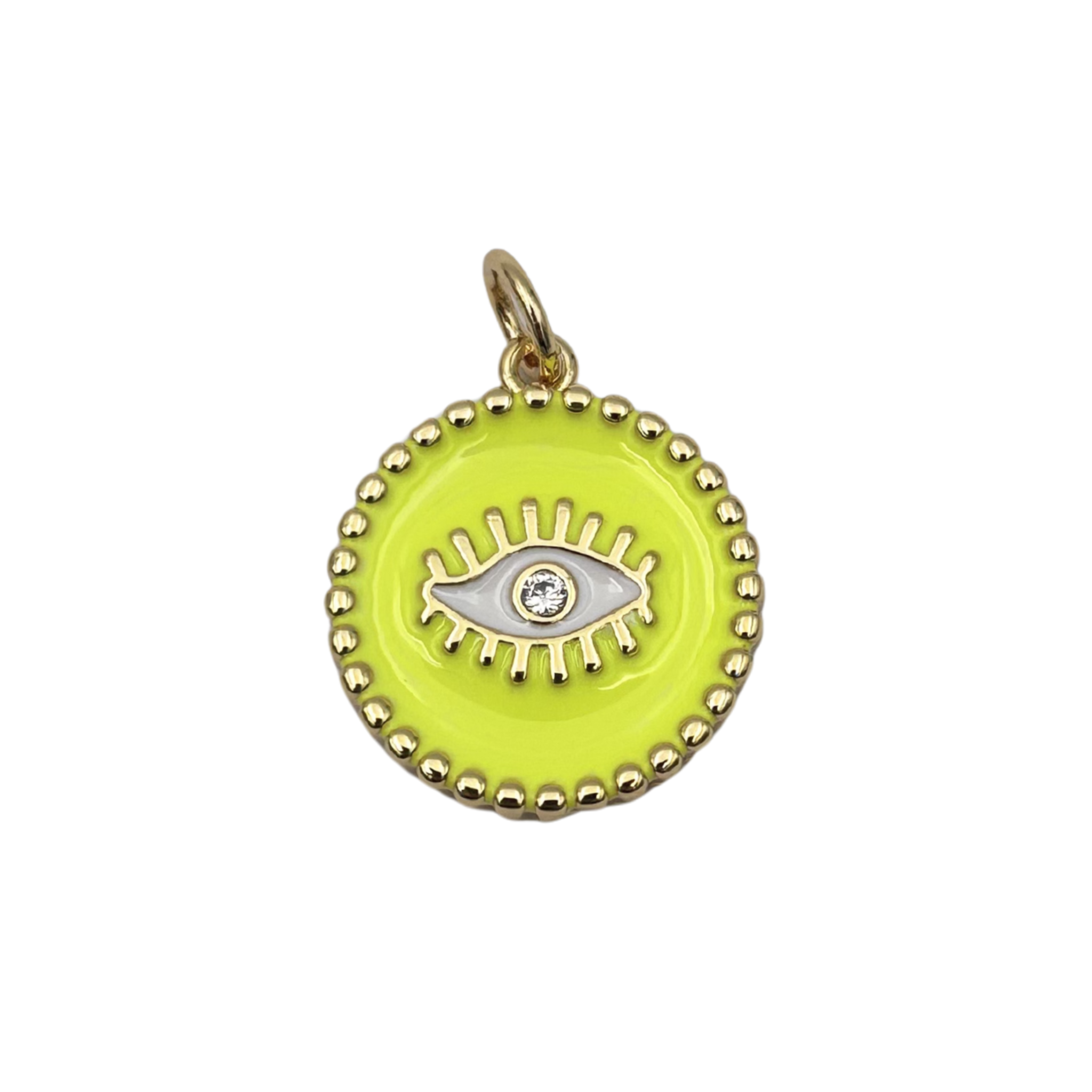 Neon yellow enamel evil eye medallion charm with diamond center, lash detail, and gold beaded border by HOLST+LEE
