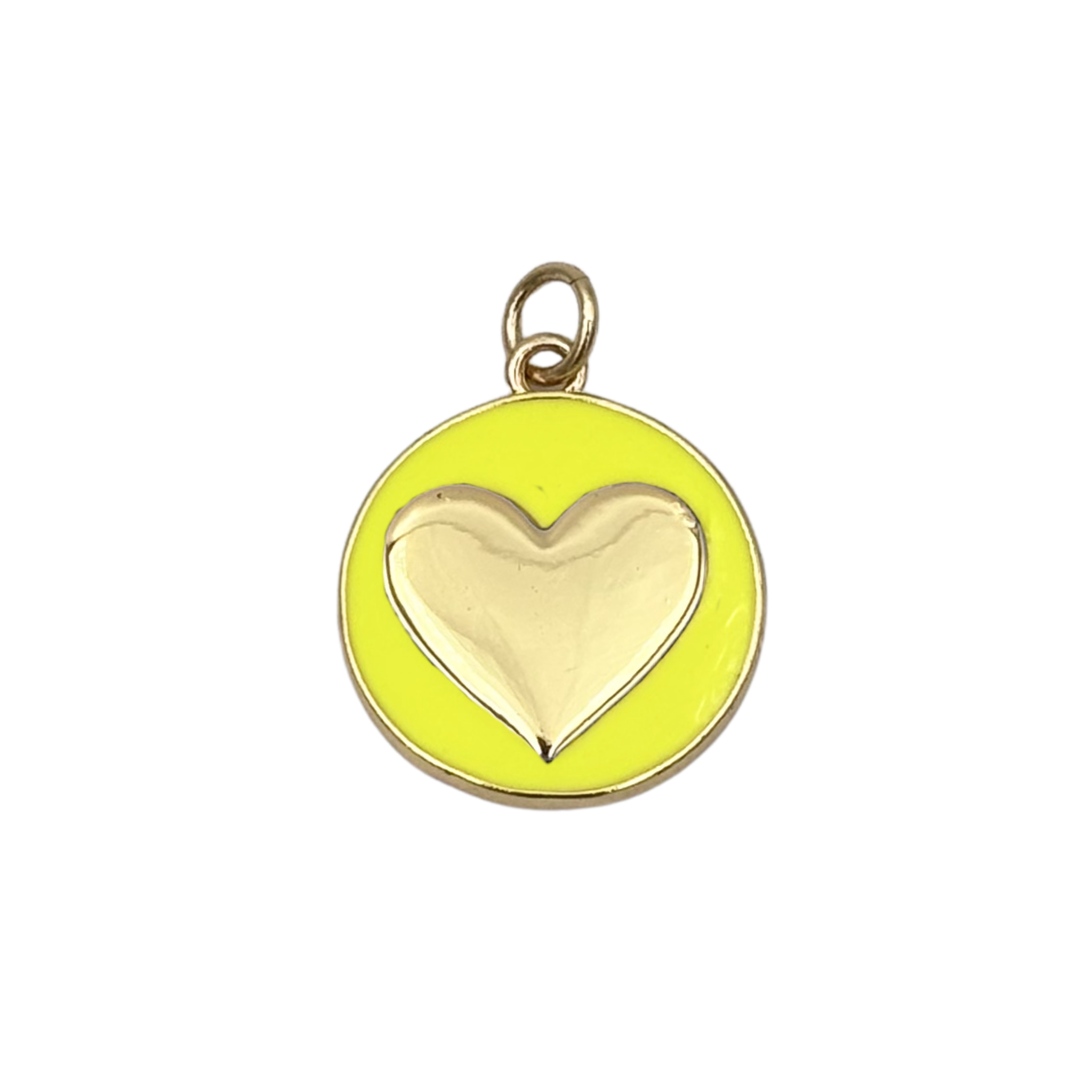 Gold round medallion charm with neon yellow enamel face, raised polished gold heart by HOLST+LEE