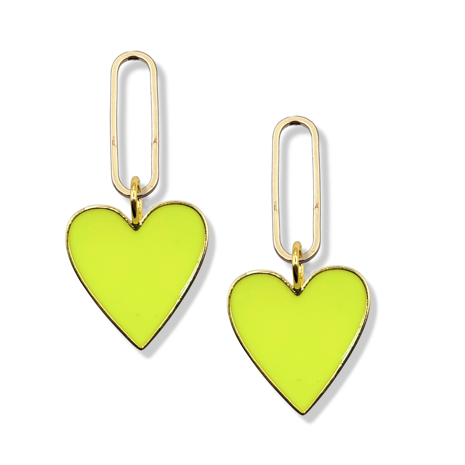 Neon Yellow enamel heart dangle earrings with gold paperclip oval link topper by HOLST+LEE