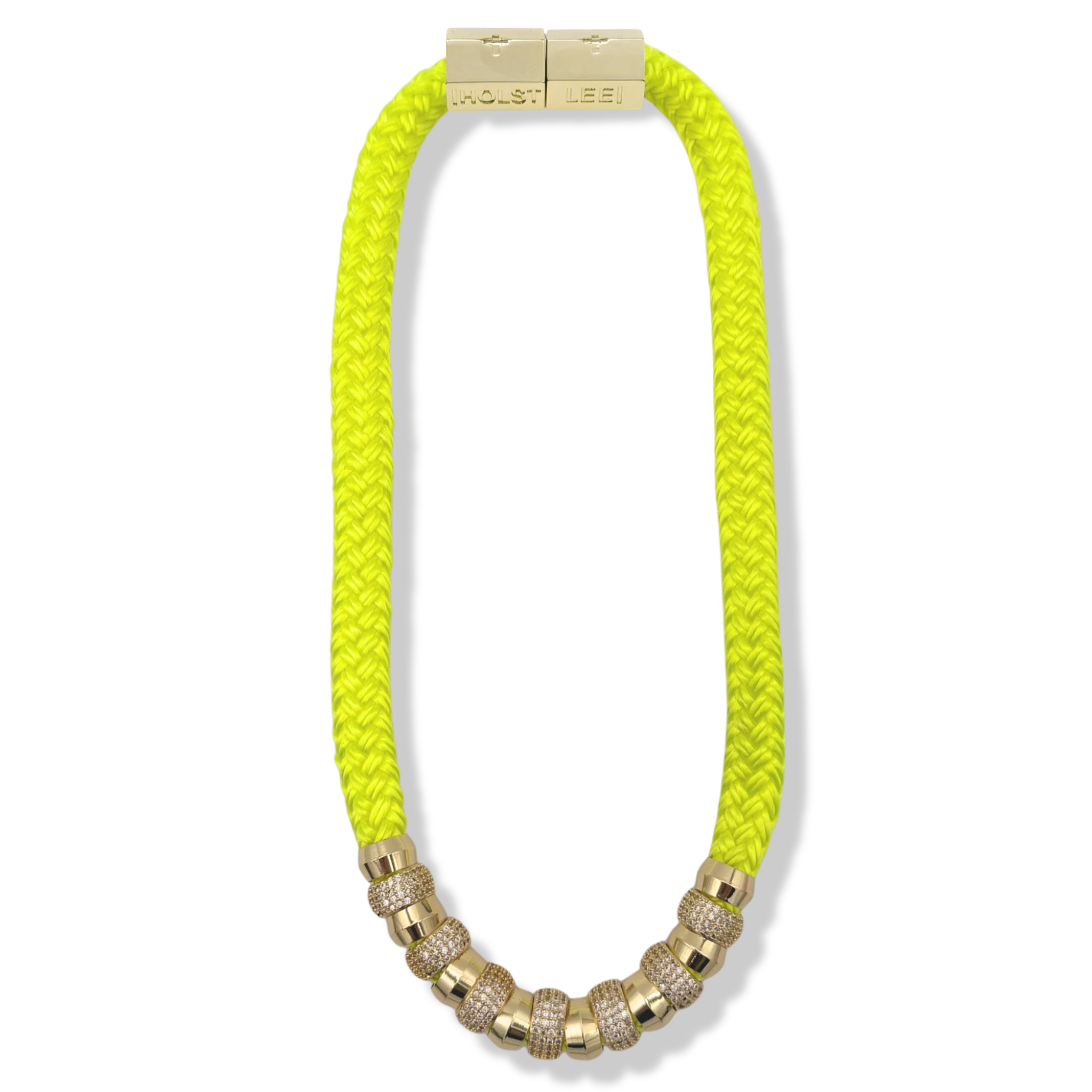 Neon pink braided rope necklace with pavé crystal and gold ferrule stack and gold magnetic clasp by HOLST+LEE