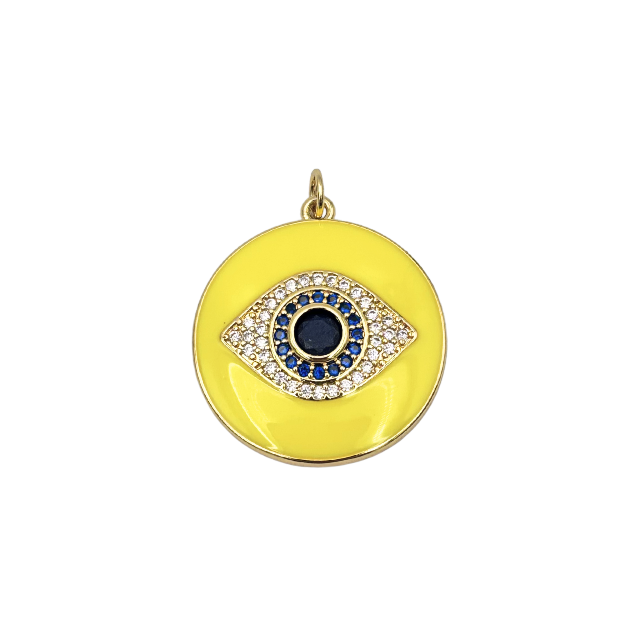 Neon Yellow enamel evil eye charm with sapphire and pavé diamond concentric rings with gold charm clasp by HOLST+LEE