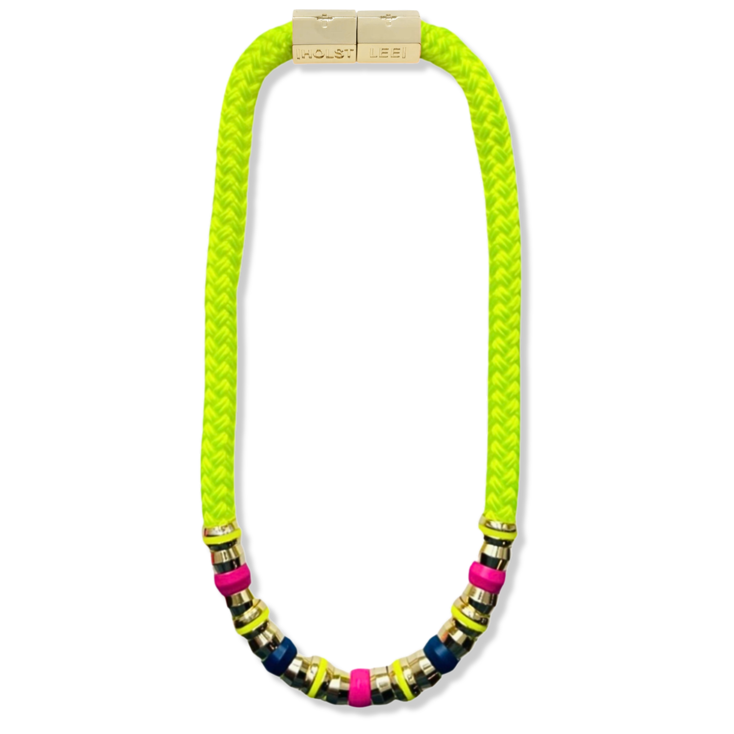Neon Yellow braided rope necklace with blue, pink, and gold ferrule stack and gold magnetic clasped necklace by HOLST+LEE
