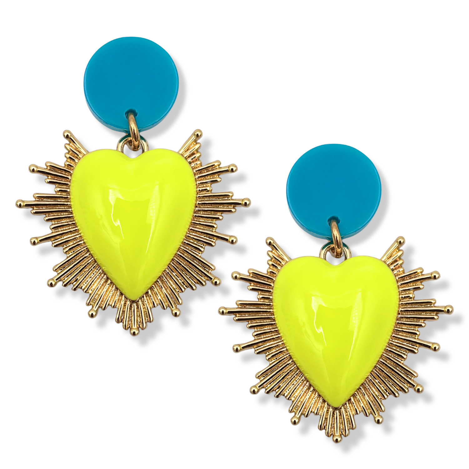 Sacred heart dangle earrings with glossy neon yellow enamel heart, gold spike halo, and turquoise disc stud topper by HOLST+LEE