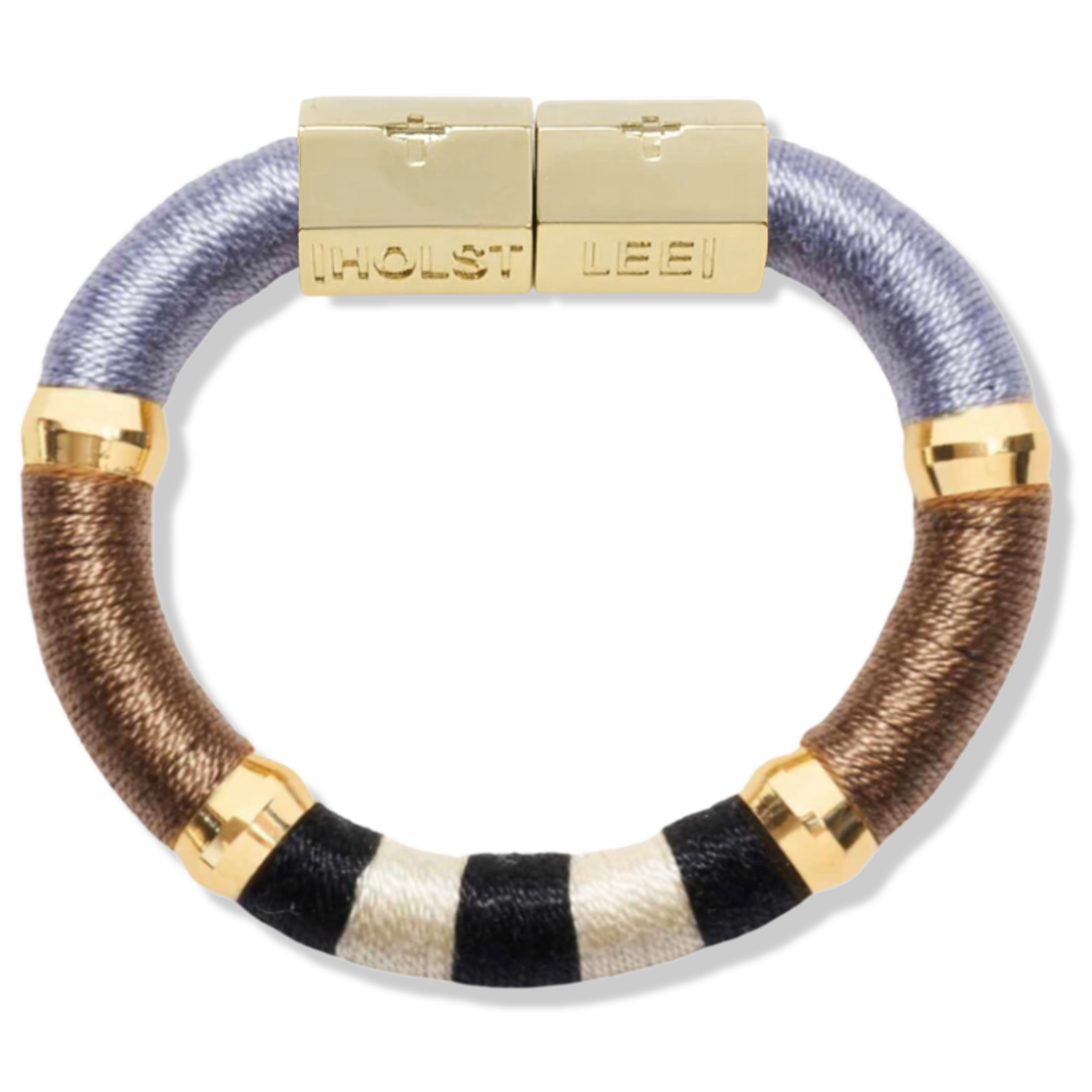 Purple, brown, black, and white colorblock thread wrapped bracelet with gold magnetic clasped bracelet and gold ferrules by HOLST+LEE