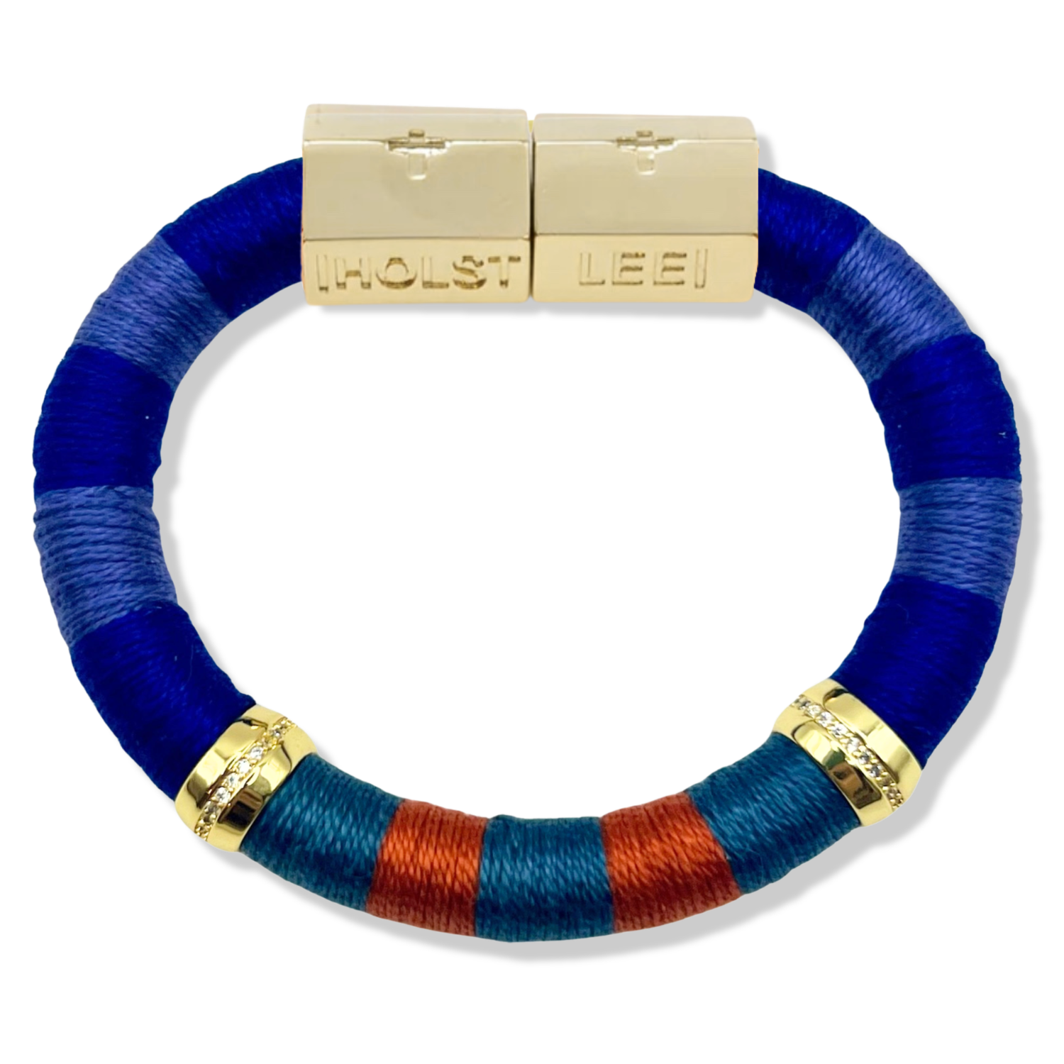 Blue, red, orange colorblock thread wrapped bracelet with gold magnetic clasped bracelet and pavé crystal ferrules by HOLST+LEE 