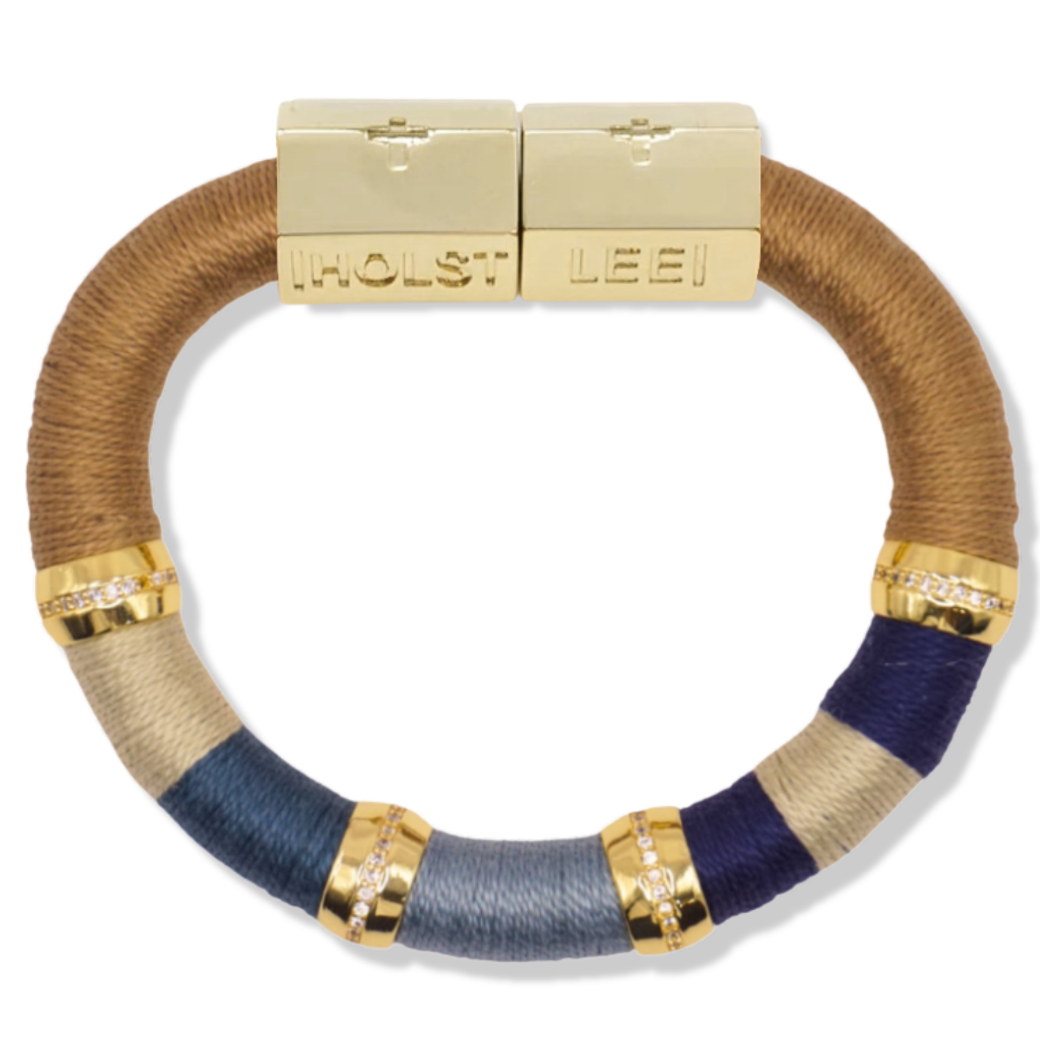 Tan, blue, and cream colorblock thread wrapped bracelet with gold magnetic clasped bracelet and gold ferrules by HOLST+LEE 