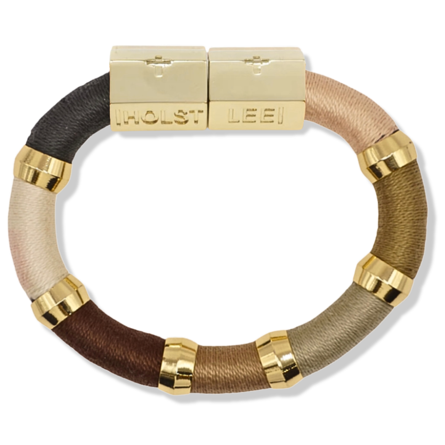 Tan, peach, brown, and grey colorblock thread wrapped bracelet with gold magnetic clasped bracelet and gold ferrules by HOLST+LEE 