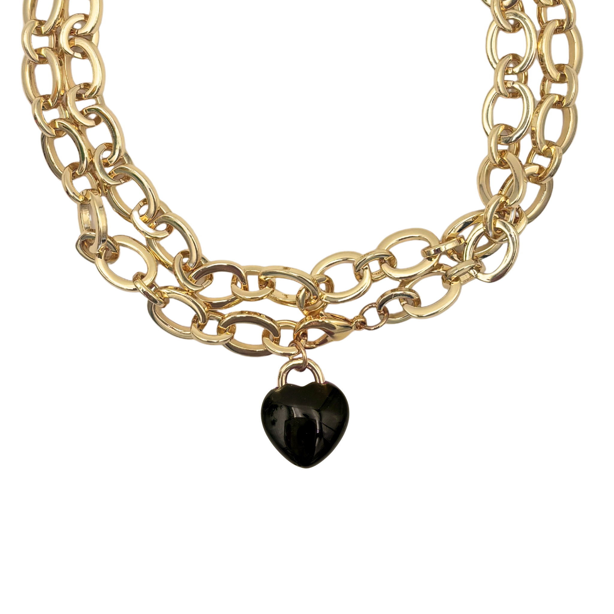 Chunky gold oval chain link necklace with obsidian heart pendant by HOLST+LEE
