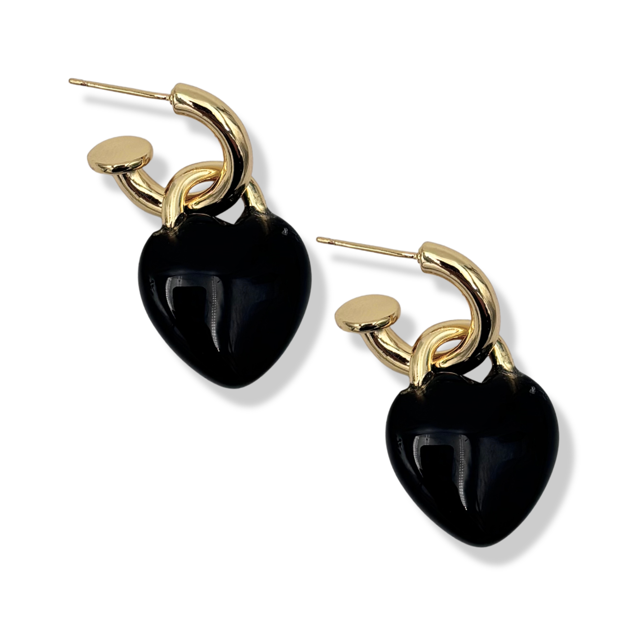 Heart-shaped semi-precious obsidian stone drop earrings with gold padlock-style hoop by HOLST+LEE