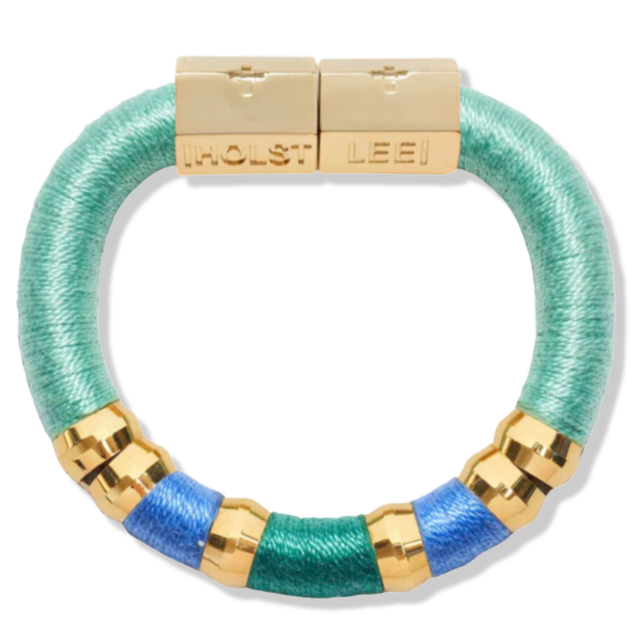 Blue thread wrapped bracelet with gold magnetic clasped bracelet and gold  ferrules by HOLST+LEE 
