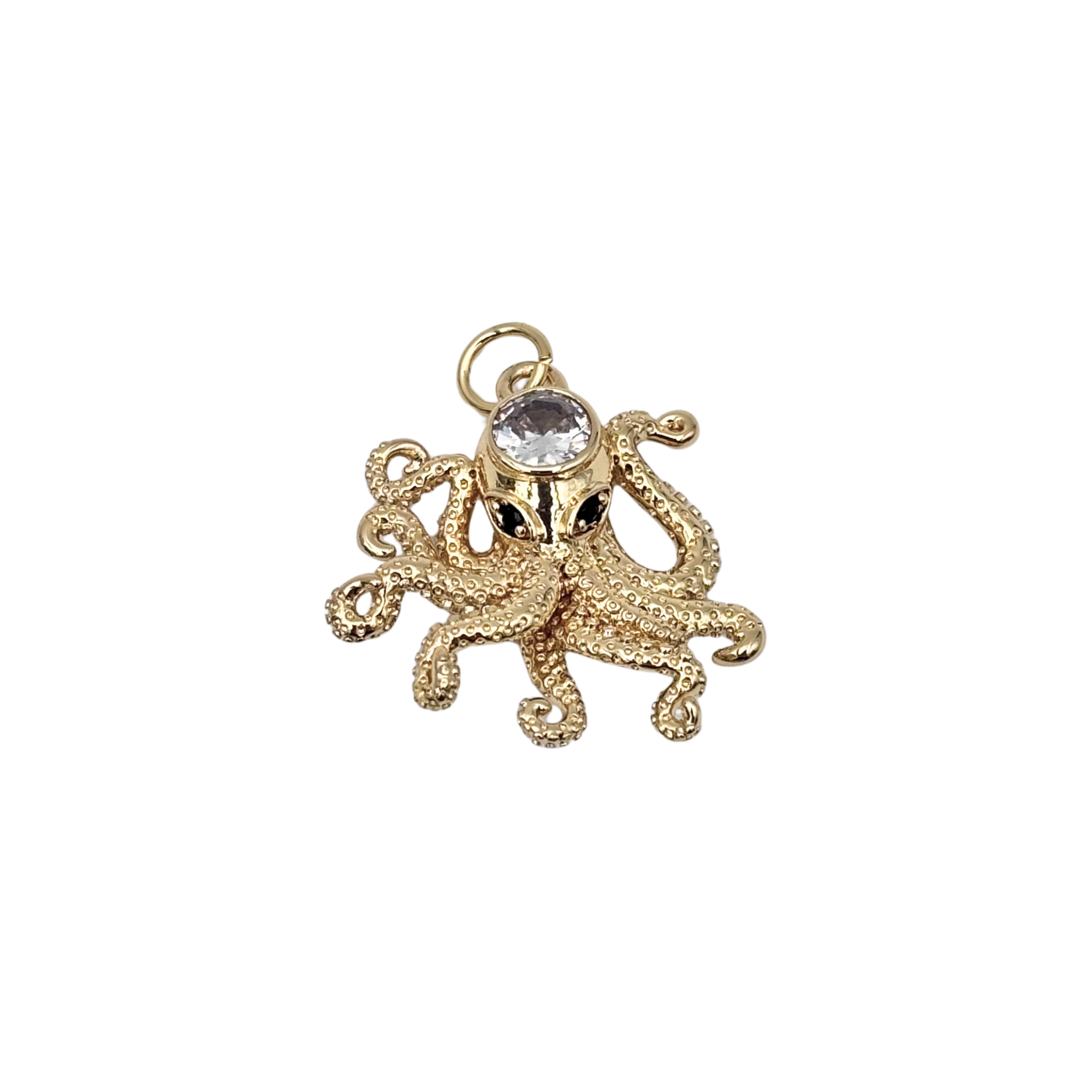 Gold octopus charm with textured tentacles, bezel-set clear crystal body by HOLST+LEE