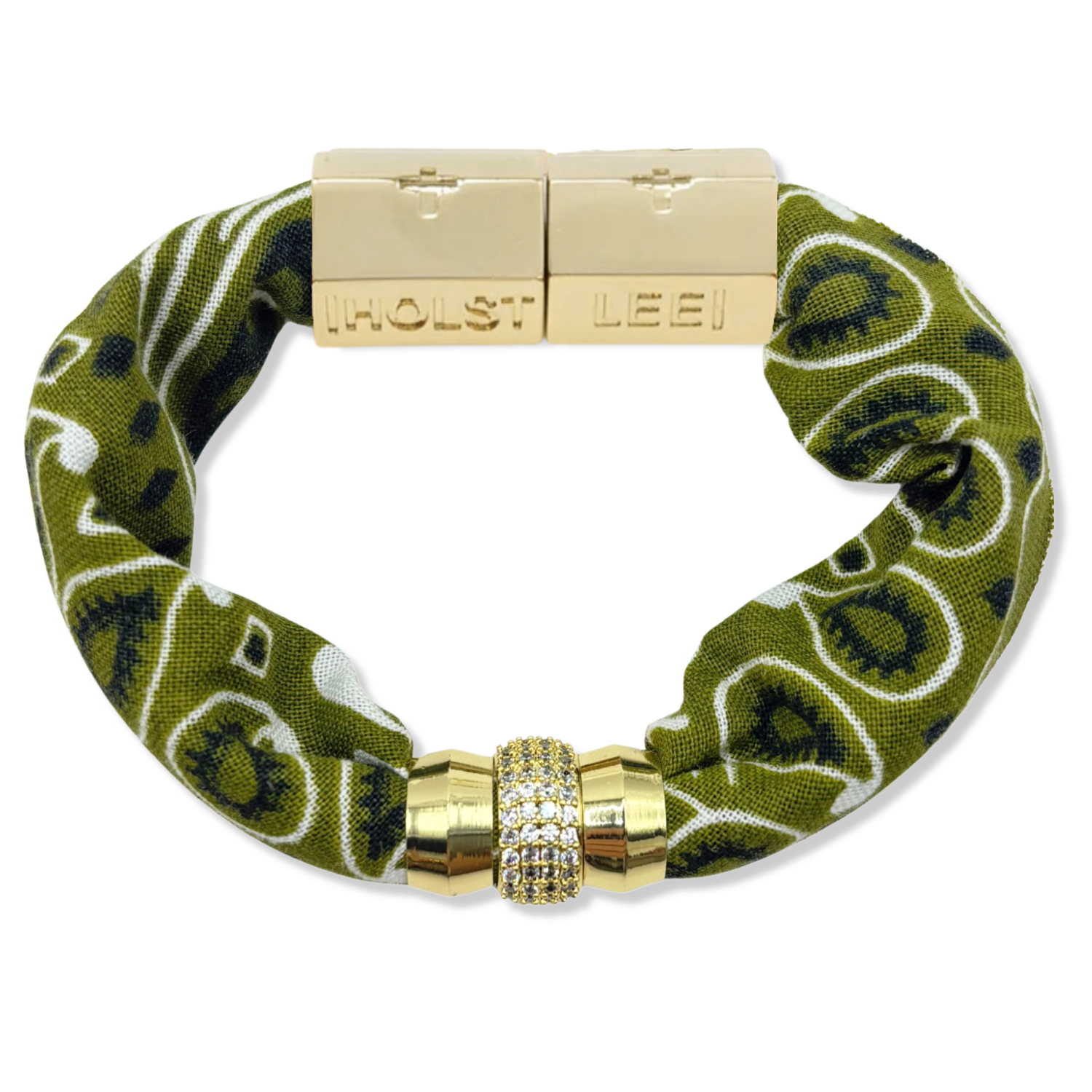 Olive green bandana print fabric bracelet with 18K gold-filled magnetic clasped bracelet and pavé crystal ferrule by HOLST+LEE
