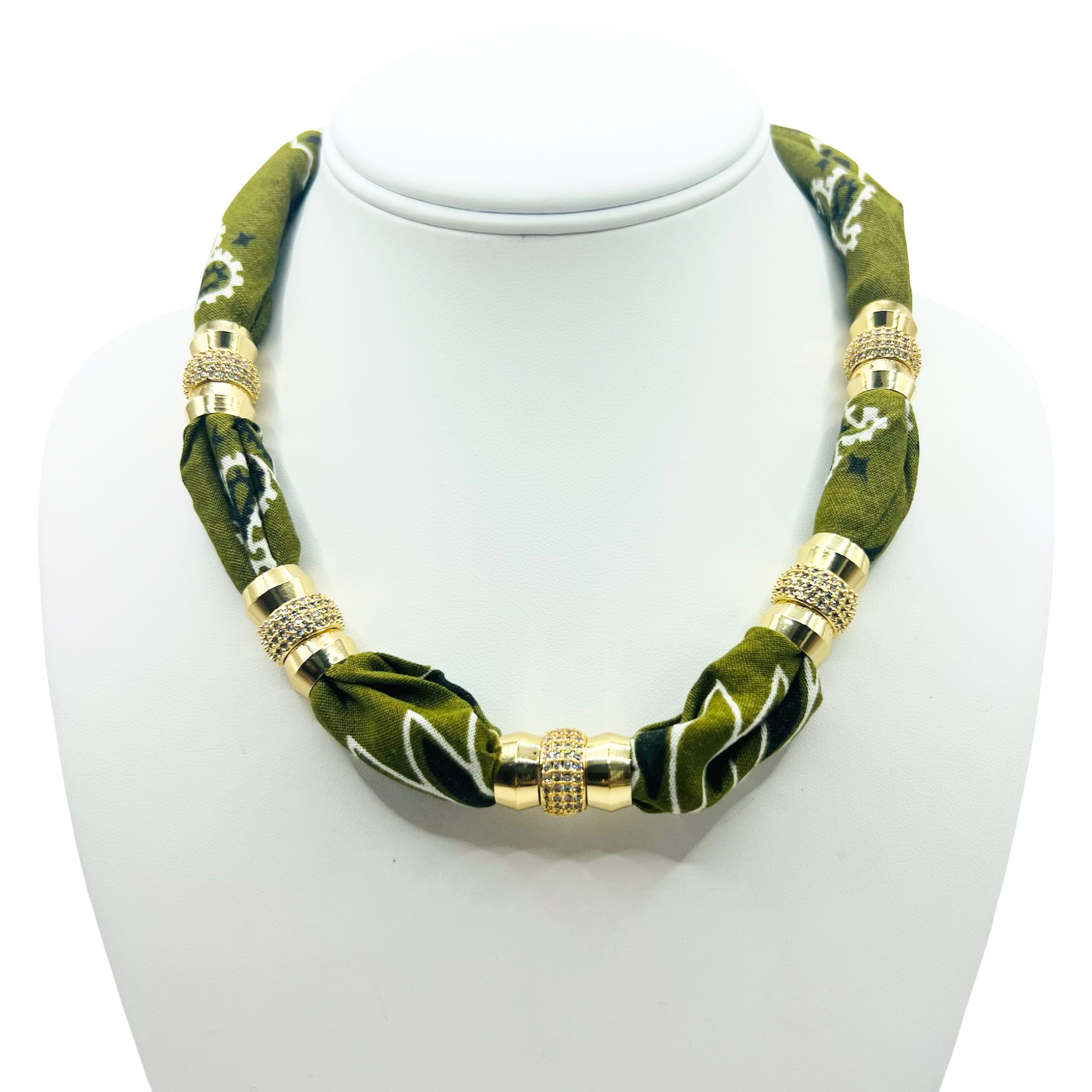 Olive gren bandana print fabric necklace with 18K gold-filled magnetic clasped necklace and pavé crystal ferrule by HOLST+LEE