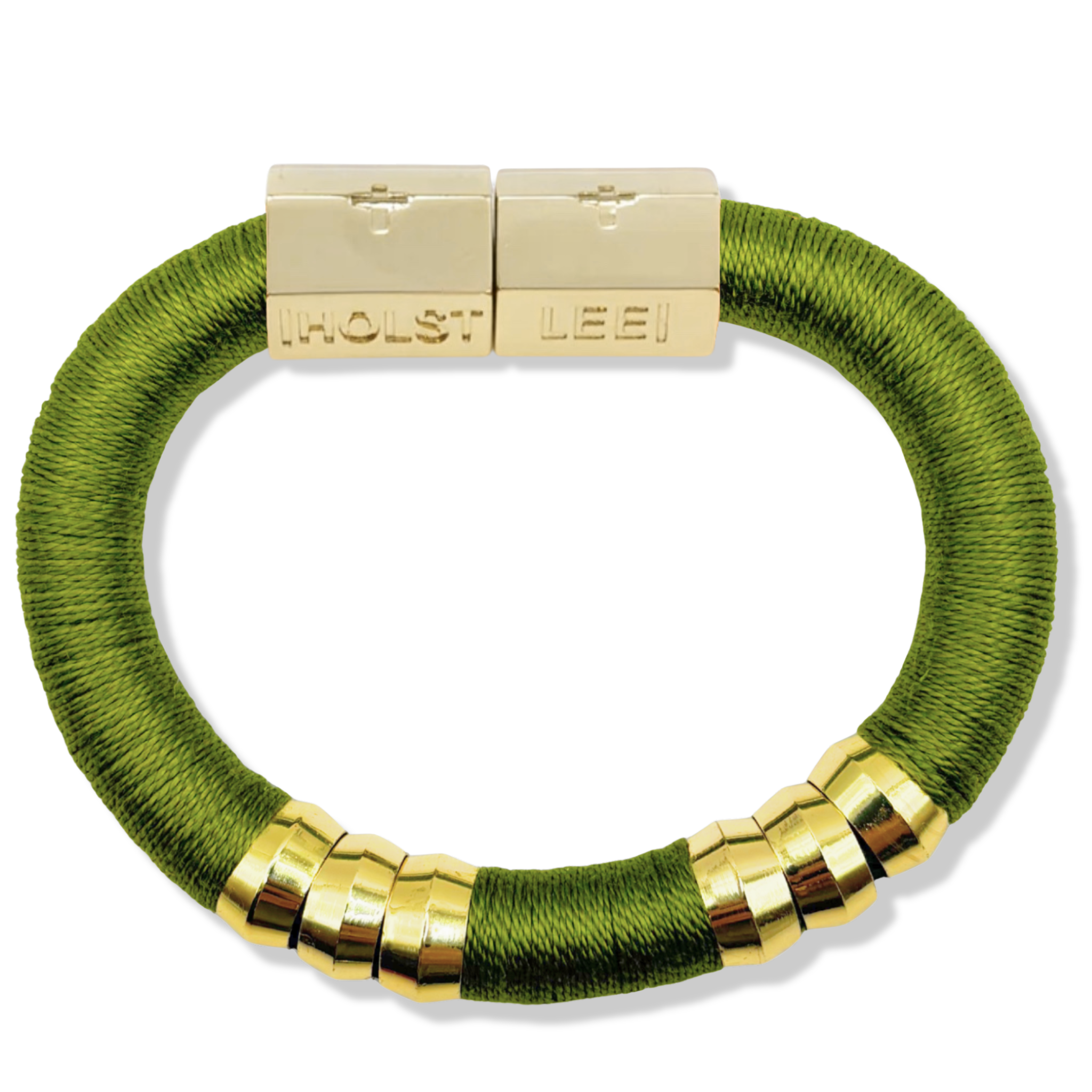 Olive green thread wrapped bracelet with 18K gold-filled magnetic clasped bracelet and gold ferrule accents by HOLST+LEE