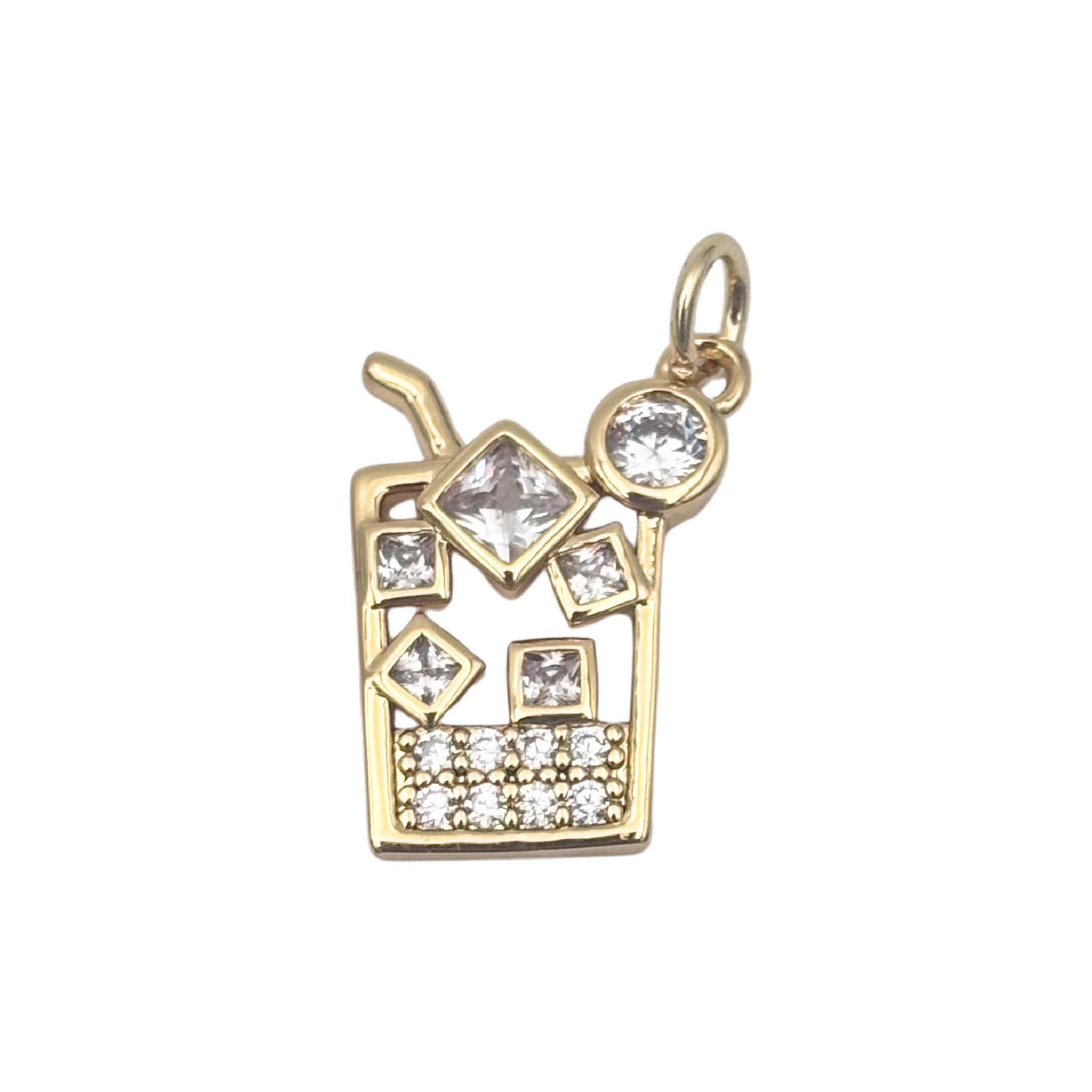 Gold whiskey glass charm with mixed princess and round crystal ice cubes, pavé base by HOLST+LEE