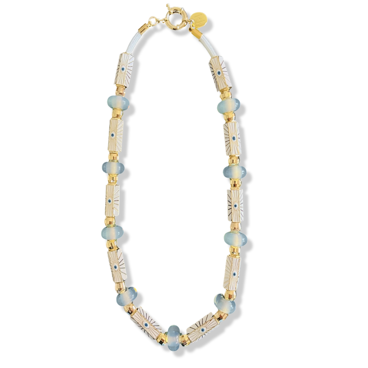 White evil eye necklace with rectangular enamel evil eye beads, opalite semi-precious beads, gold rondelle spacers, and gold ring clasp by HOLST+LEE