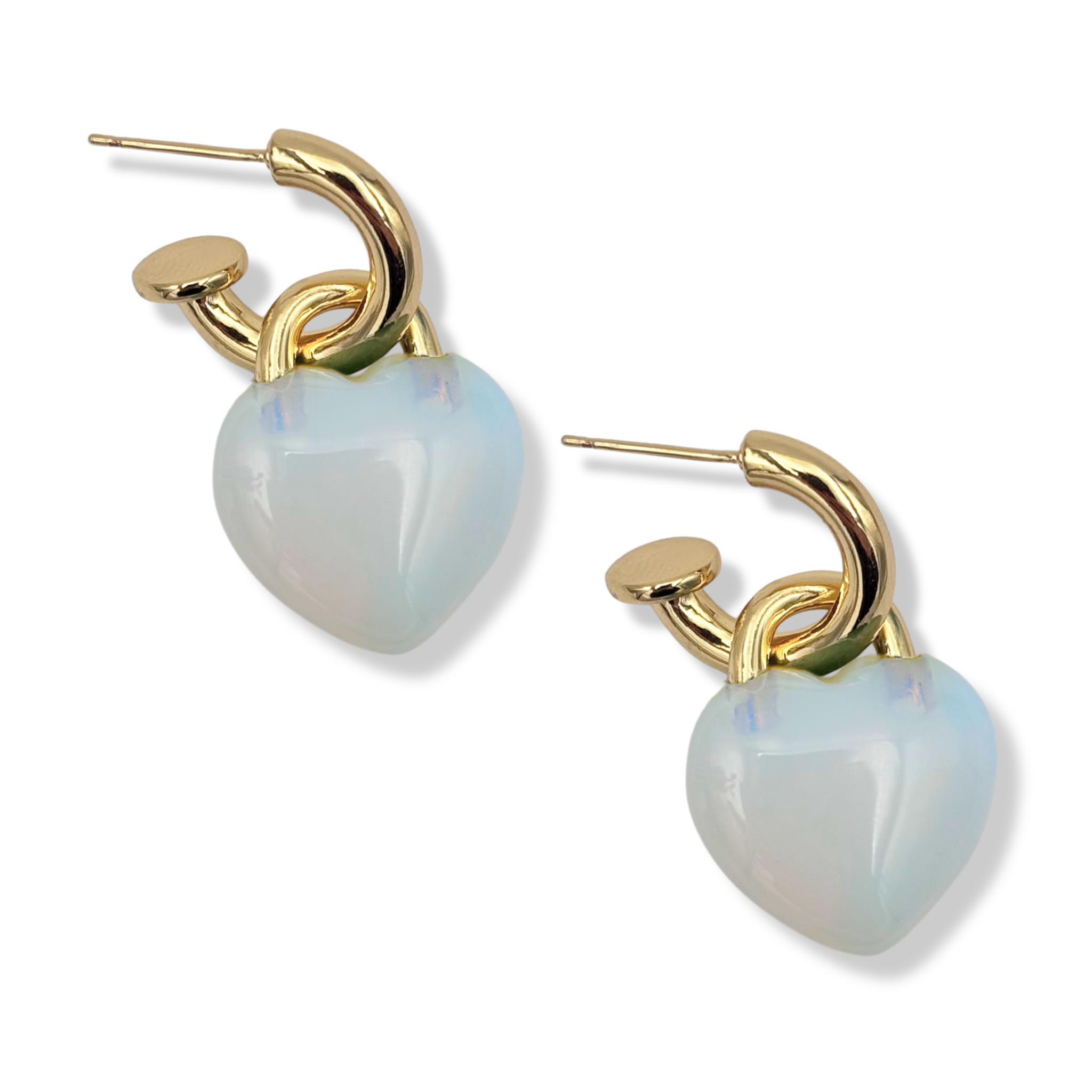 Heart-shaped semi-precious opalite stone drop earrings with gold padlock-style hoop by HOLST+LEE