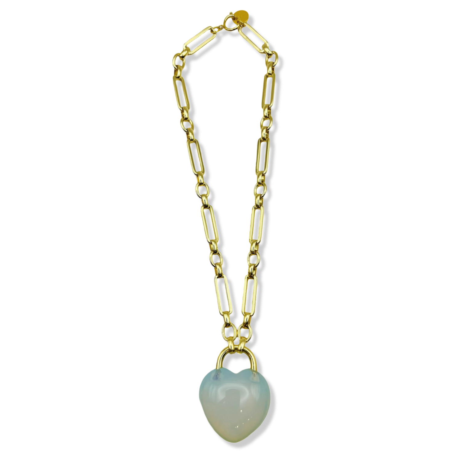 Gold chunky link necklace with large opalite heart pendant by HOLST+LEE