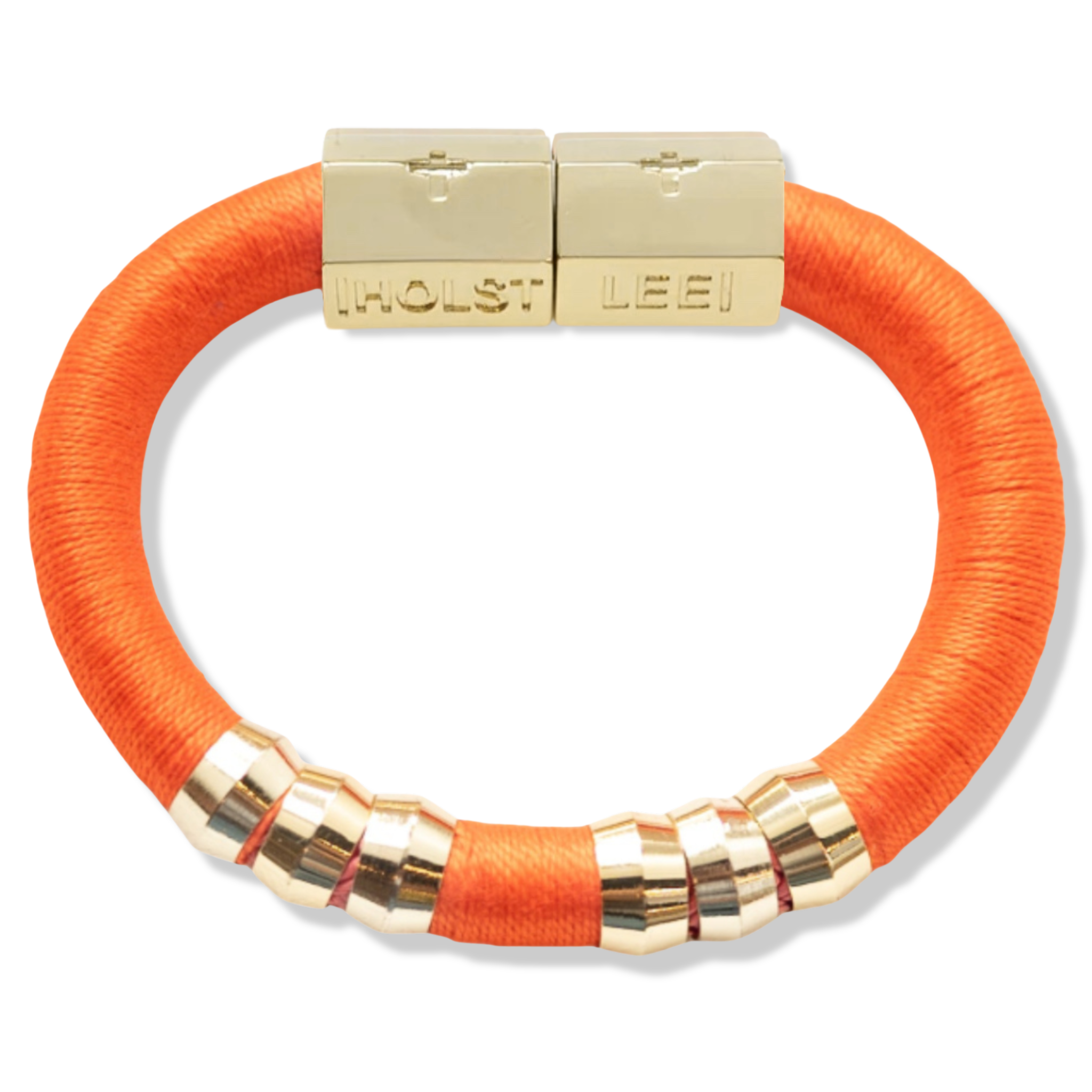 Orange thread wrapped bracelet with 18K gold-filled magnetic clasped bracelet and gold ferrule accents by HOLST+LEE