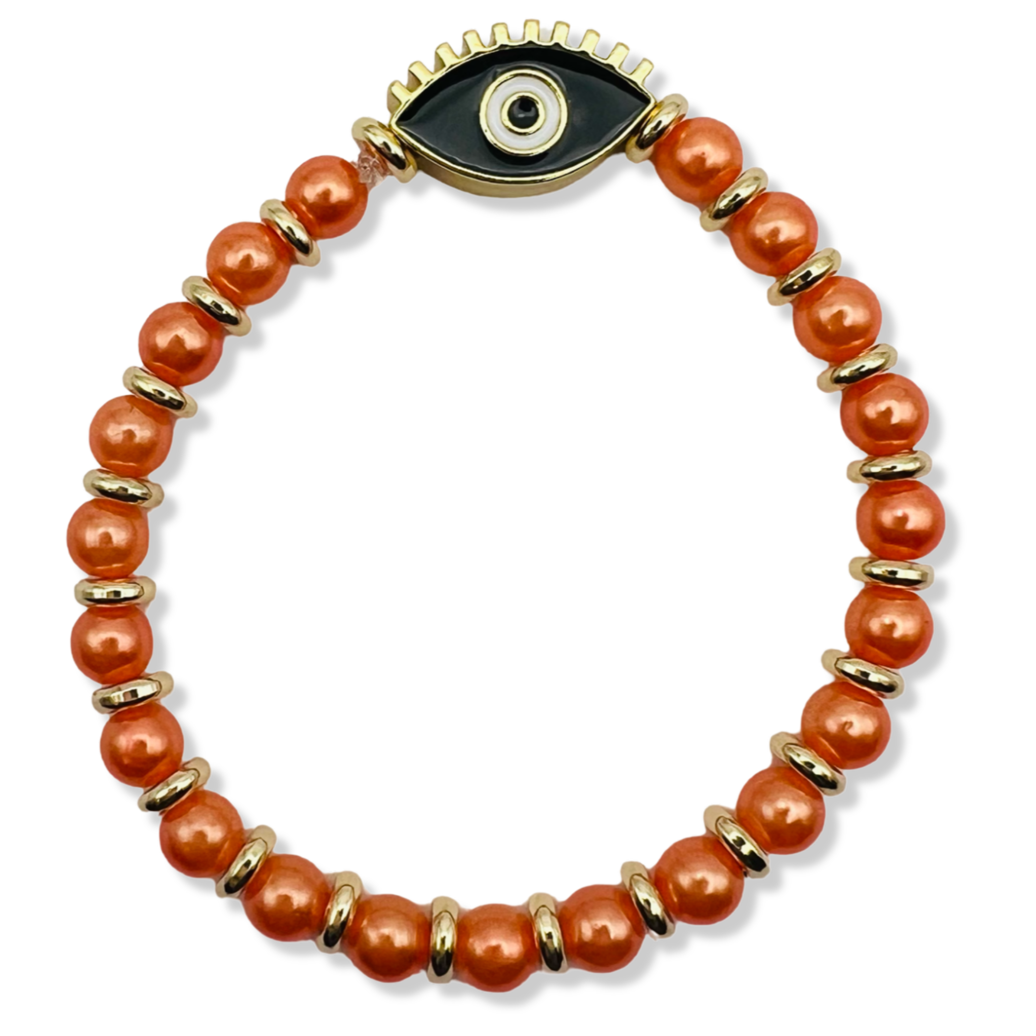 Orange pearl and gold rondelle stretch bracelet with black enamel evil eye centerpiece by HOLST+LEE