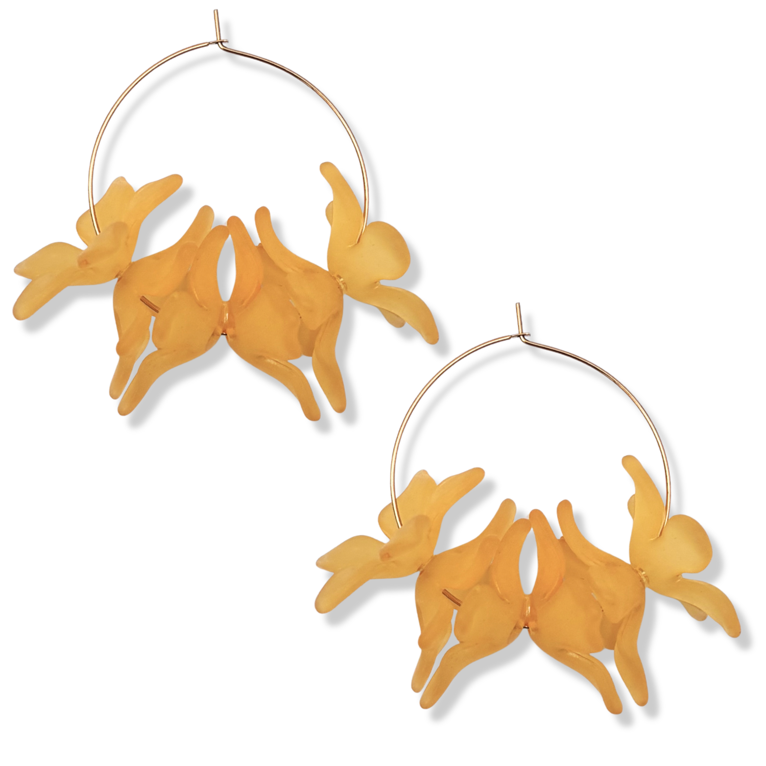 Orange resin floral cluster hoop earrings with translucent orange orchid-style blooms on a thin gold hoop by HOLST+LEE