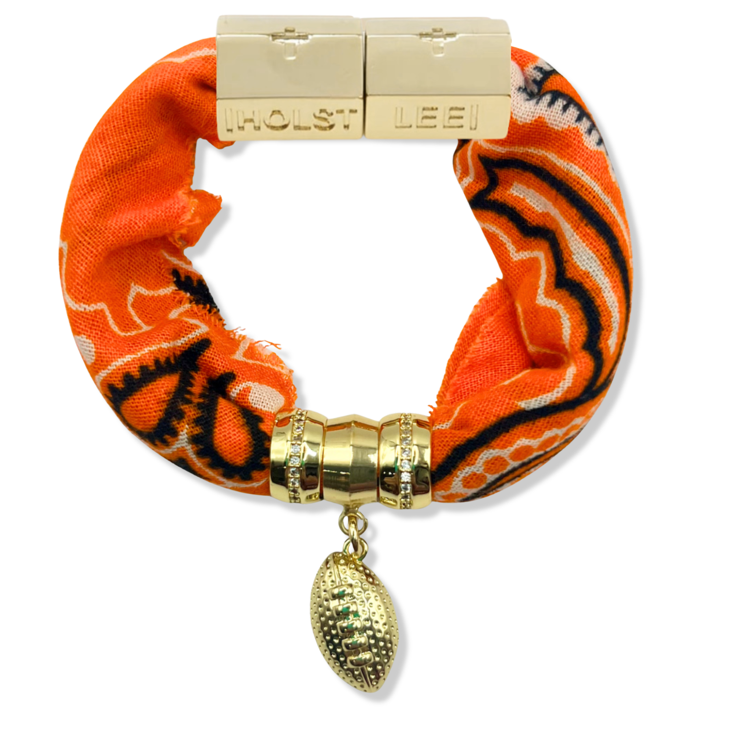Orange bandana print fabric bracelet with magnetic clasped bracelet, pavé ferrule, and 18K gold-filled football charm by HOLST+LEE
