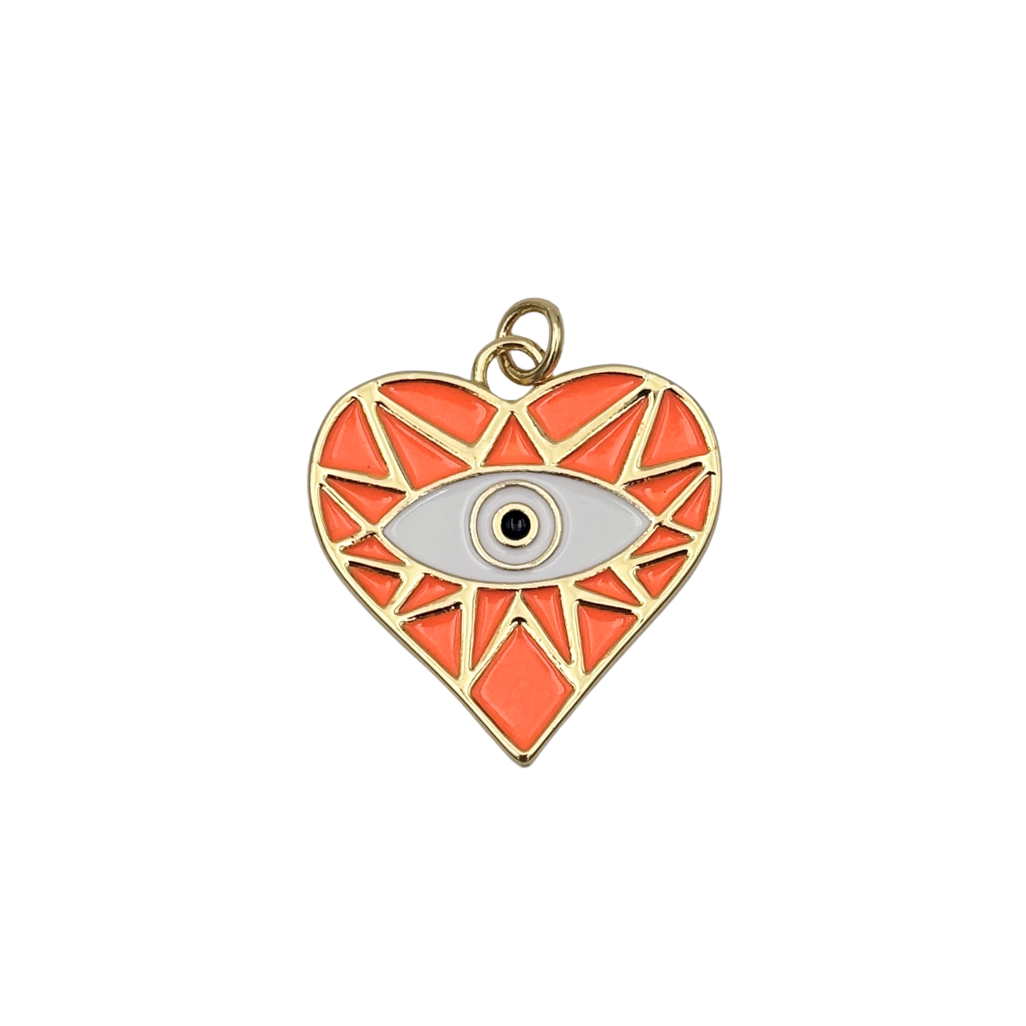 Gold-rimmed orange geometric enamel heart charm with central white evil eye motif