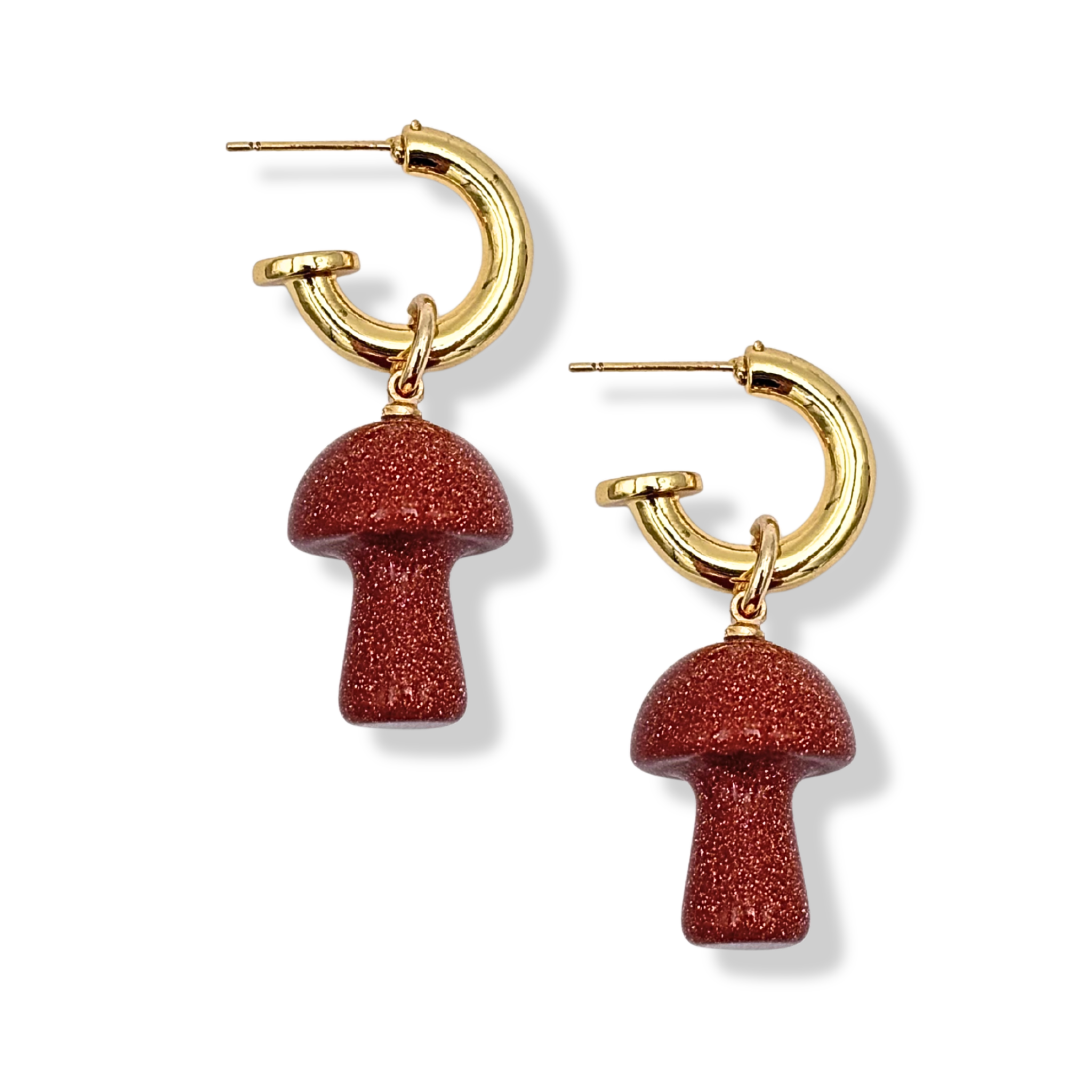 Orange goldstone semi-precious mushroom drop earrings with gold hoop by HOLST+LEE