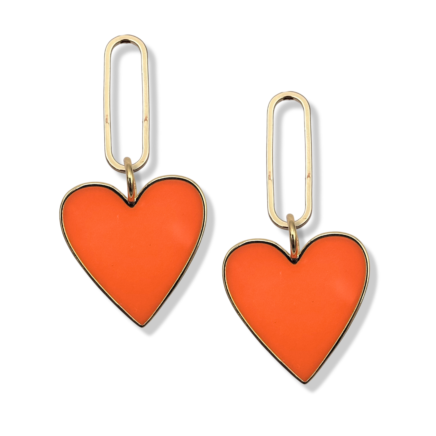 Orange enamel heart dangle earrings with gold paperclip oval link topper by HOLST+LEE