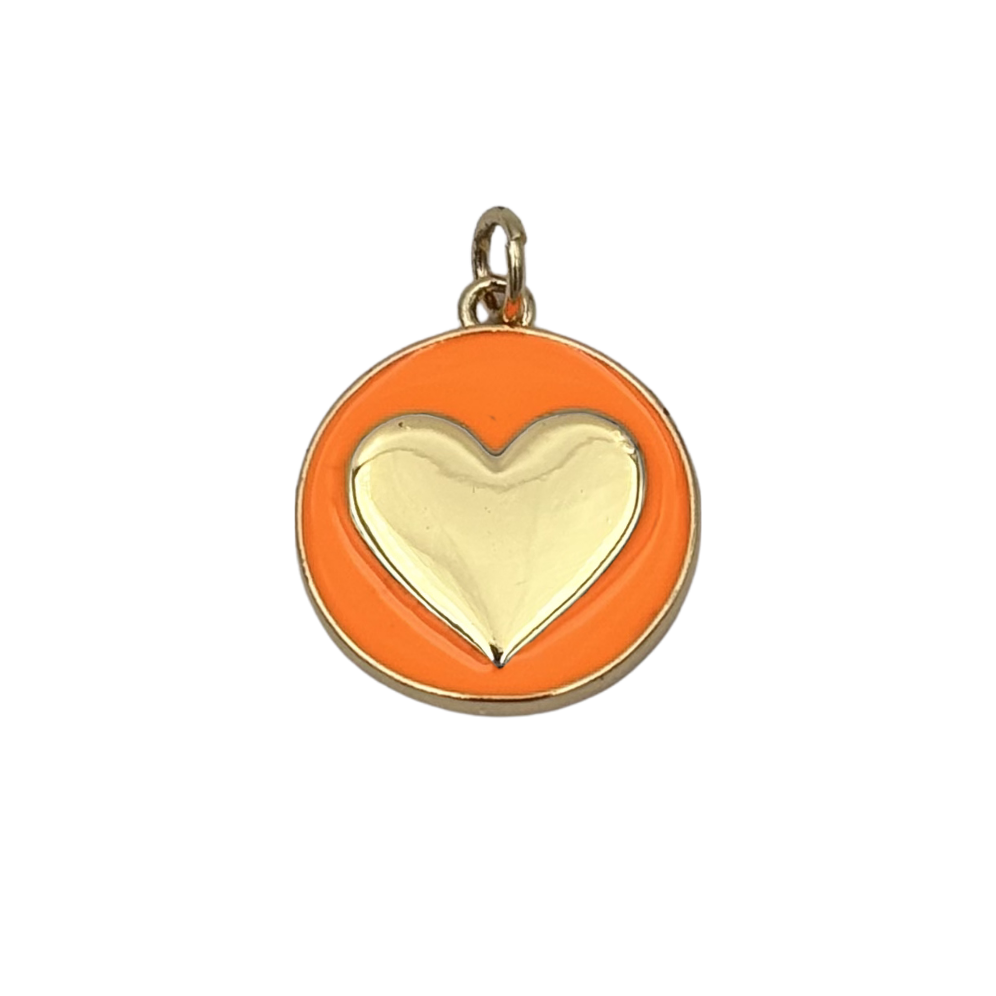 Gold round medallion charm with orange enamel face, raised polished gold heart by HOLST+LEE