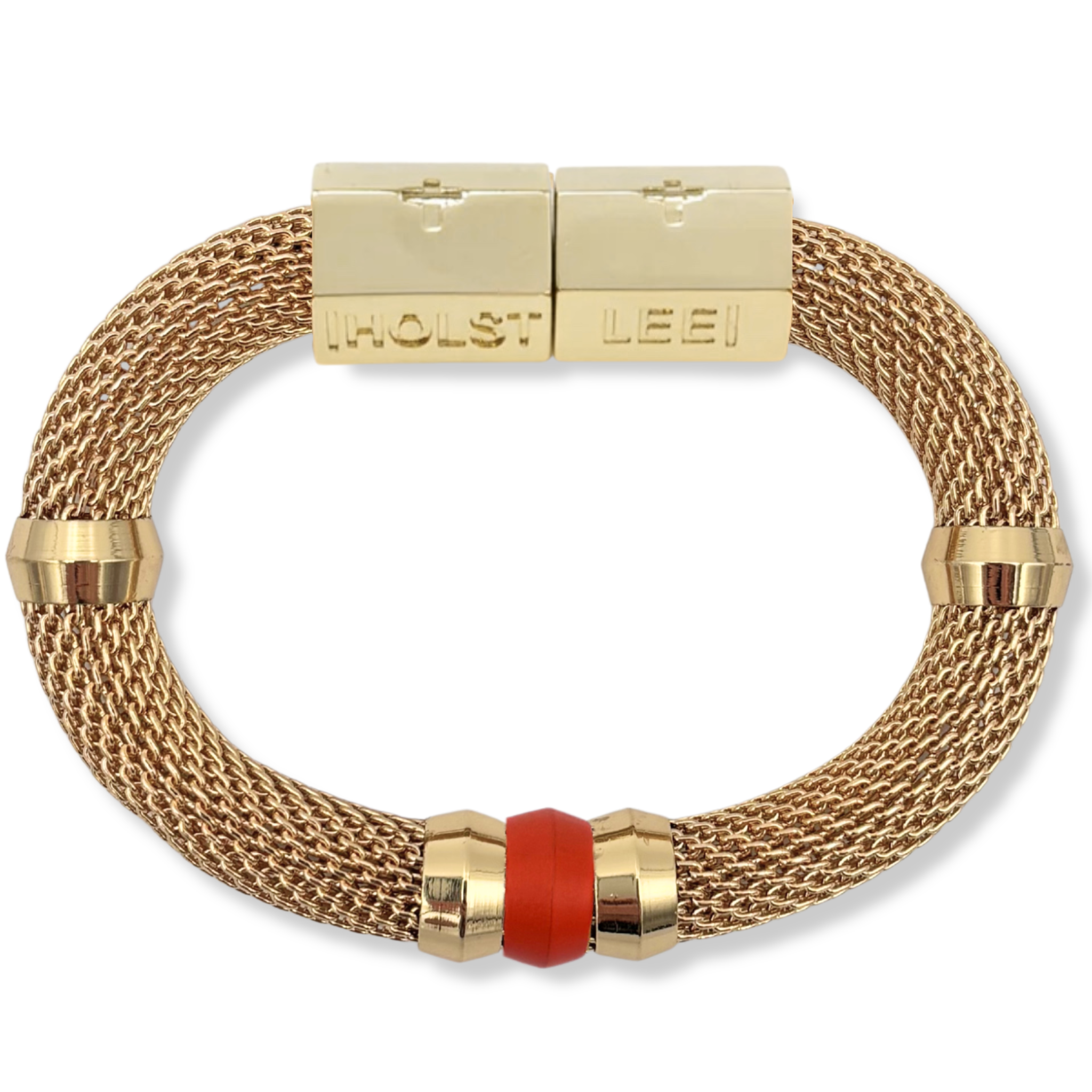 Gold woven mesh bracelet with orange ferrule accent and 18K gold-filled magnetic clasped bracelet by HOLST+LEE