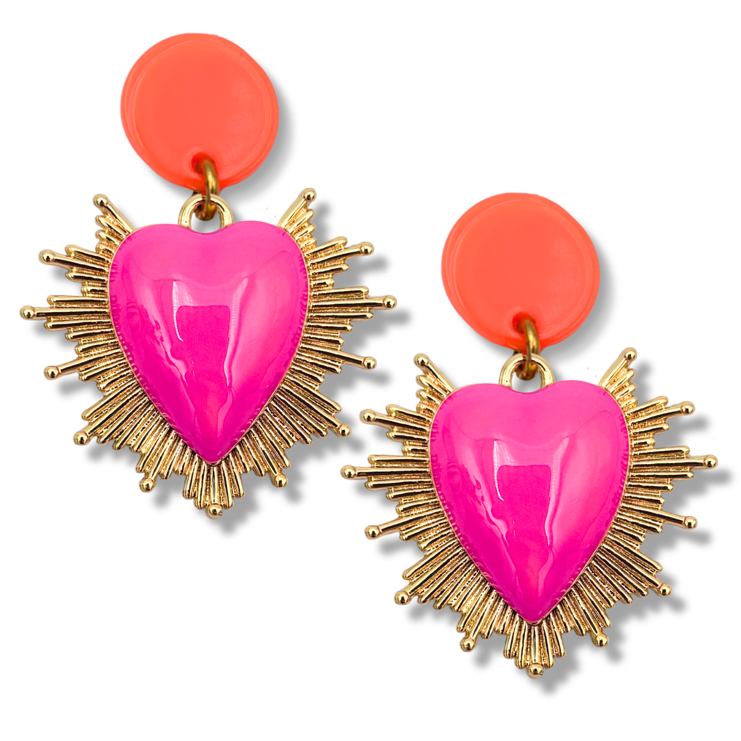 Sacred heart dangle earrings with glossy pink enamel heart, gold spike halo, and orange disc stud topper by HOLST+LEE