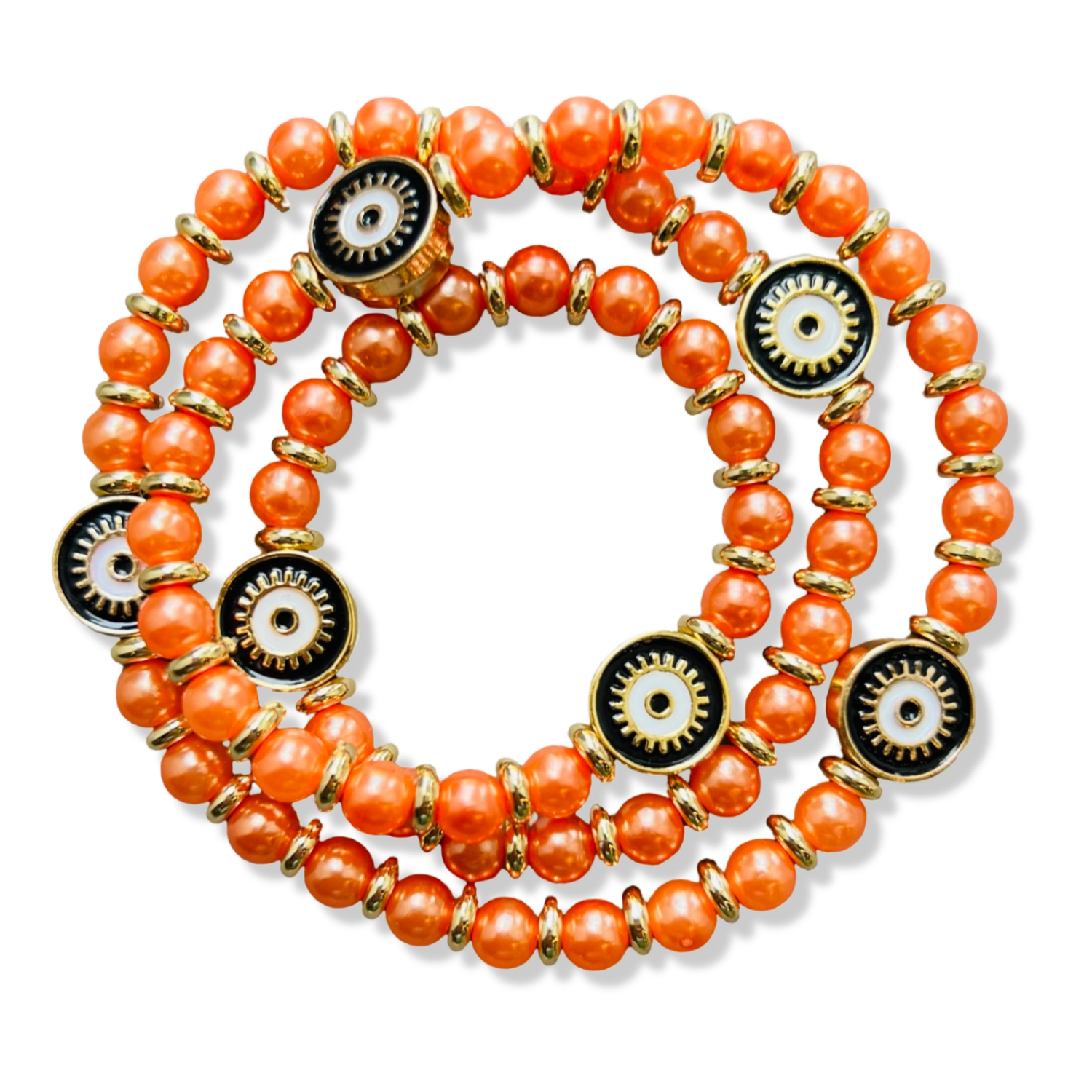 Wrap orange pearl and gold rondelle stretch bracelet with black enamel evil eye charms by HOLST+LEE