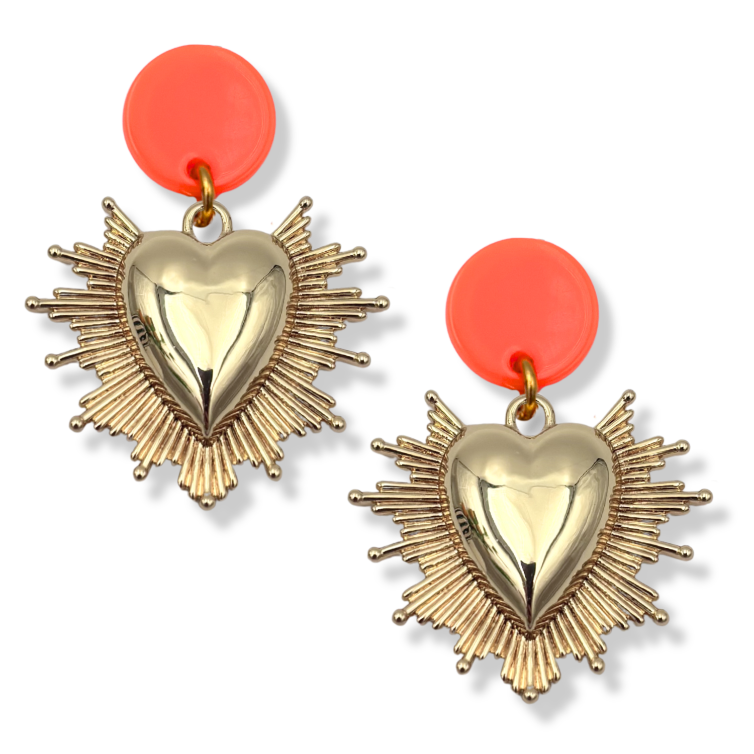 Sacred heart dangle earrings with gold heart, gold spike halo, and orange disc stud topper by HOLST+LEE