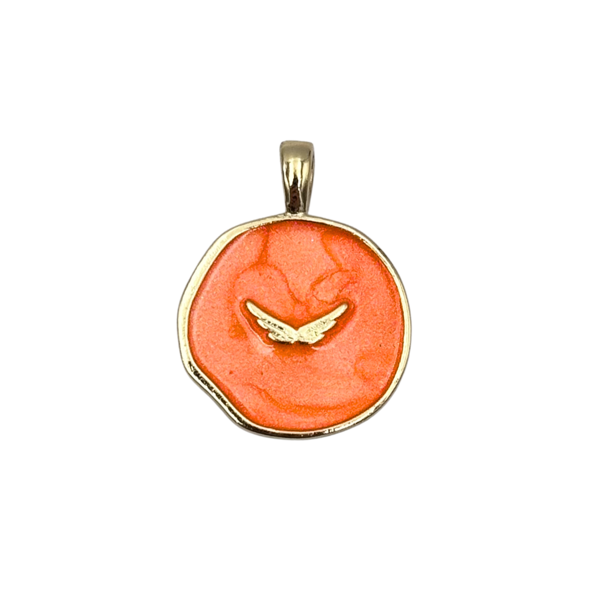Gold round medallion pendant with swirled orange enamel face, raised gold wing by HOLST+LEE
