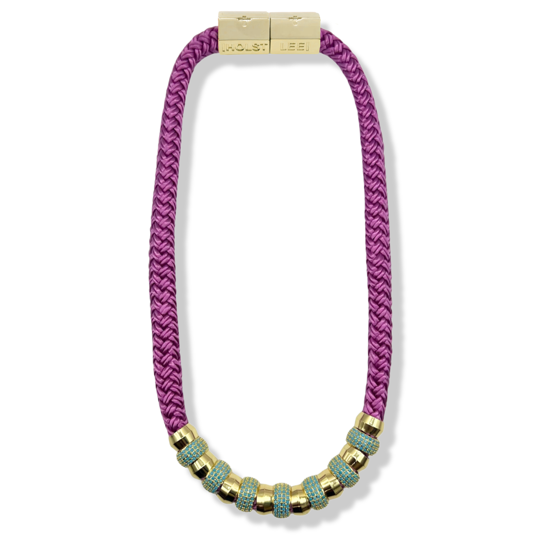 Purple braided rope necklace with pavé crystal and gold ferrule stack and gold magnetic clasped necklace by HOLST+LEE