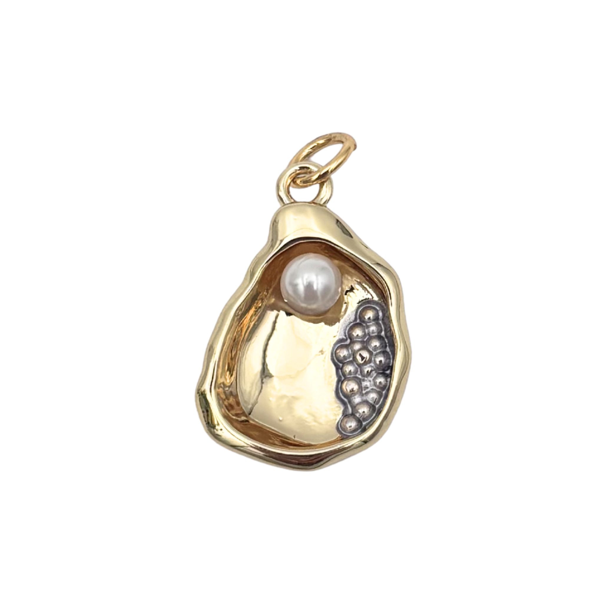 Gold open oyster shell charm with single white pearl, silver caviar bead cluster by HOLST+LEE
